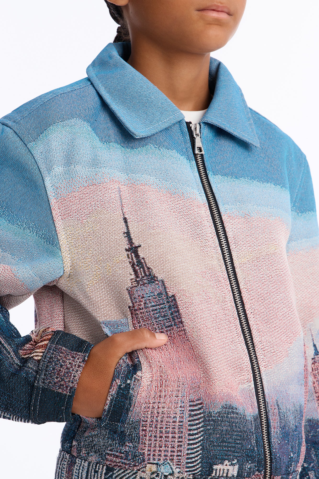 Mini Cropped Tapestry Skyline Work Jacket - Blue