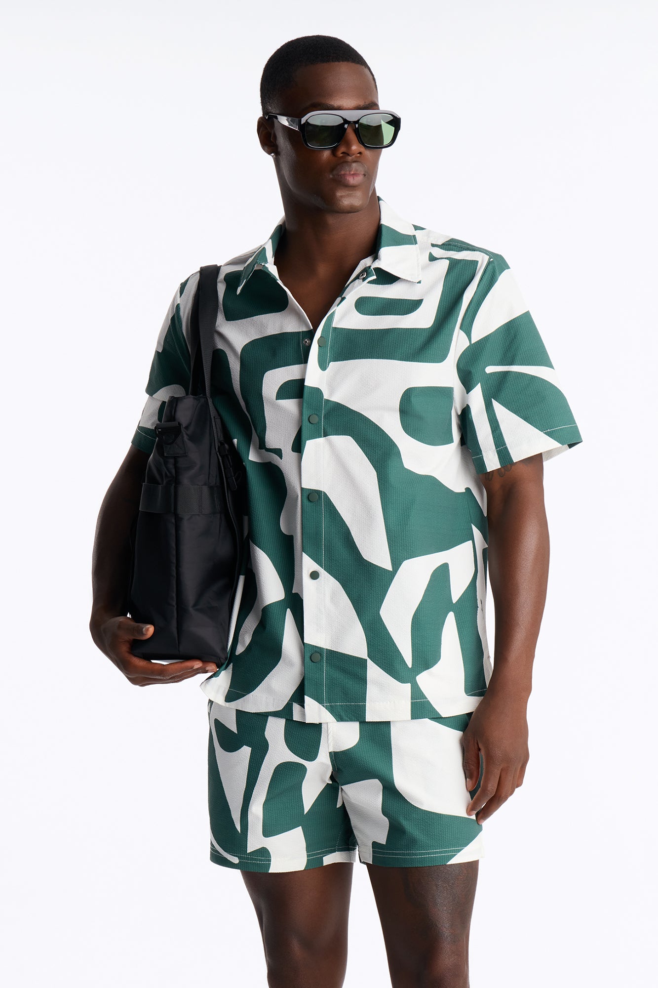 Seersucker Abstract Geo Printed Closed Collar Shirt - Green/combo