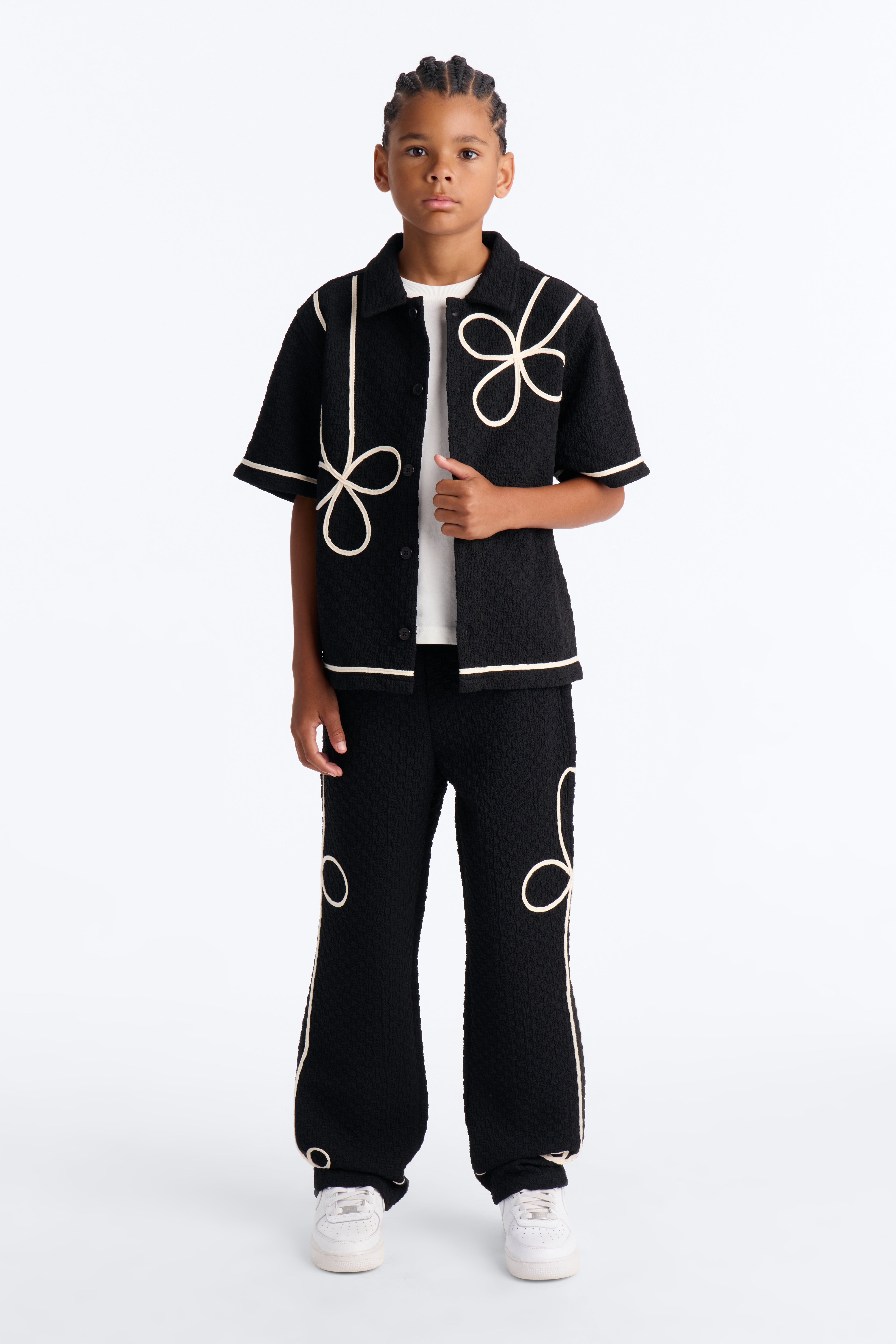 Mini Boxy Soho Weave Applique Textured Button Up Shirt - Black