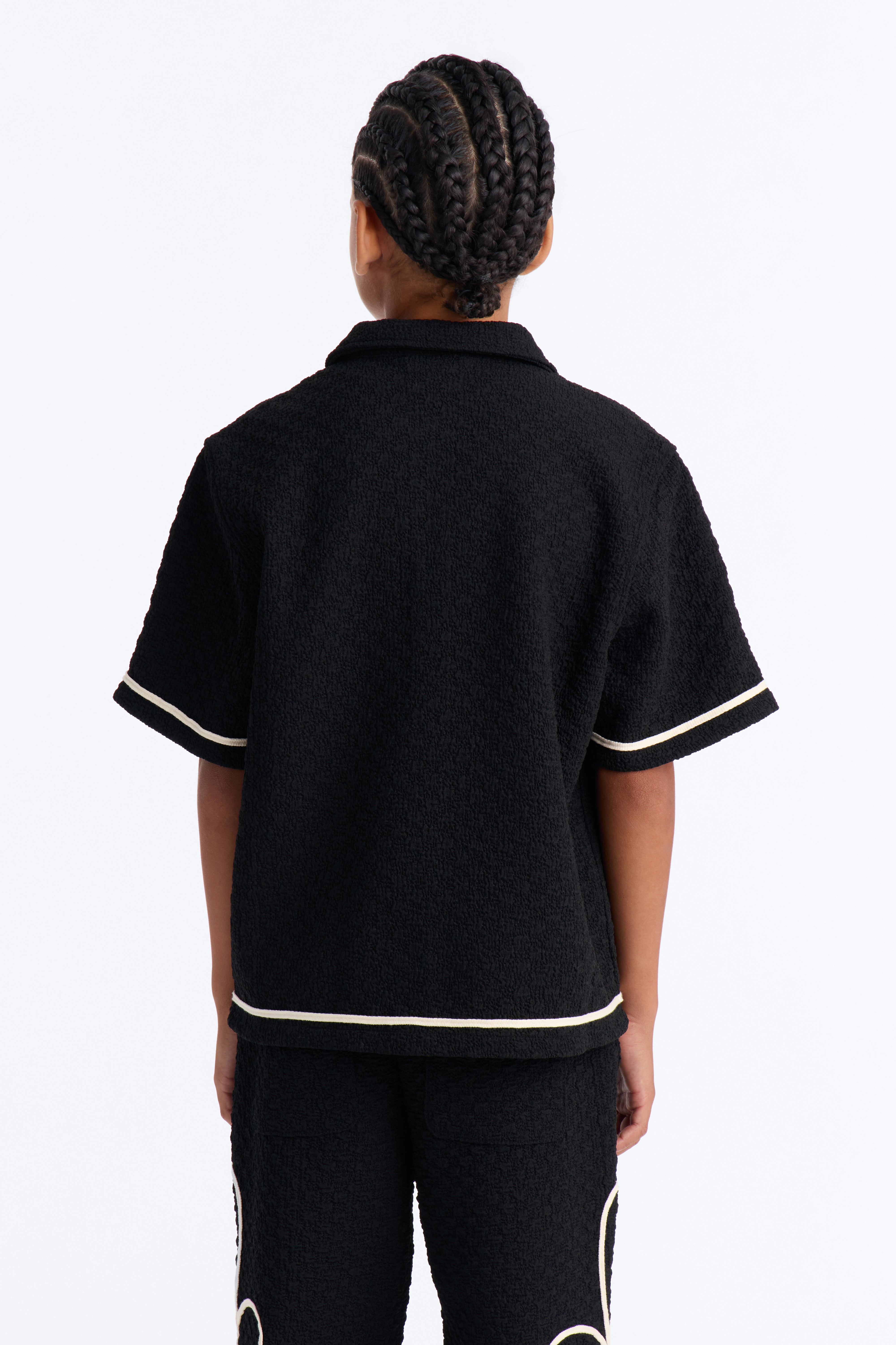 Mini Boxy Soho Weave Applique Textured Button Up Shirt - Black
