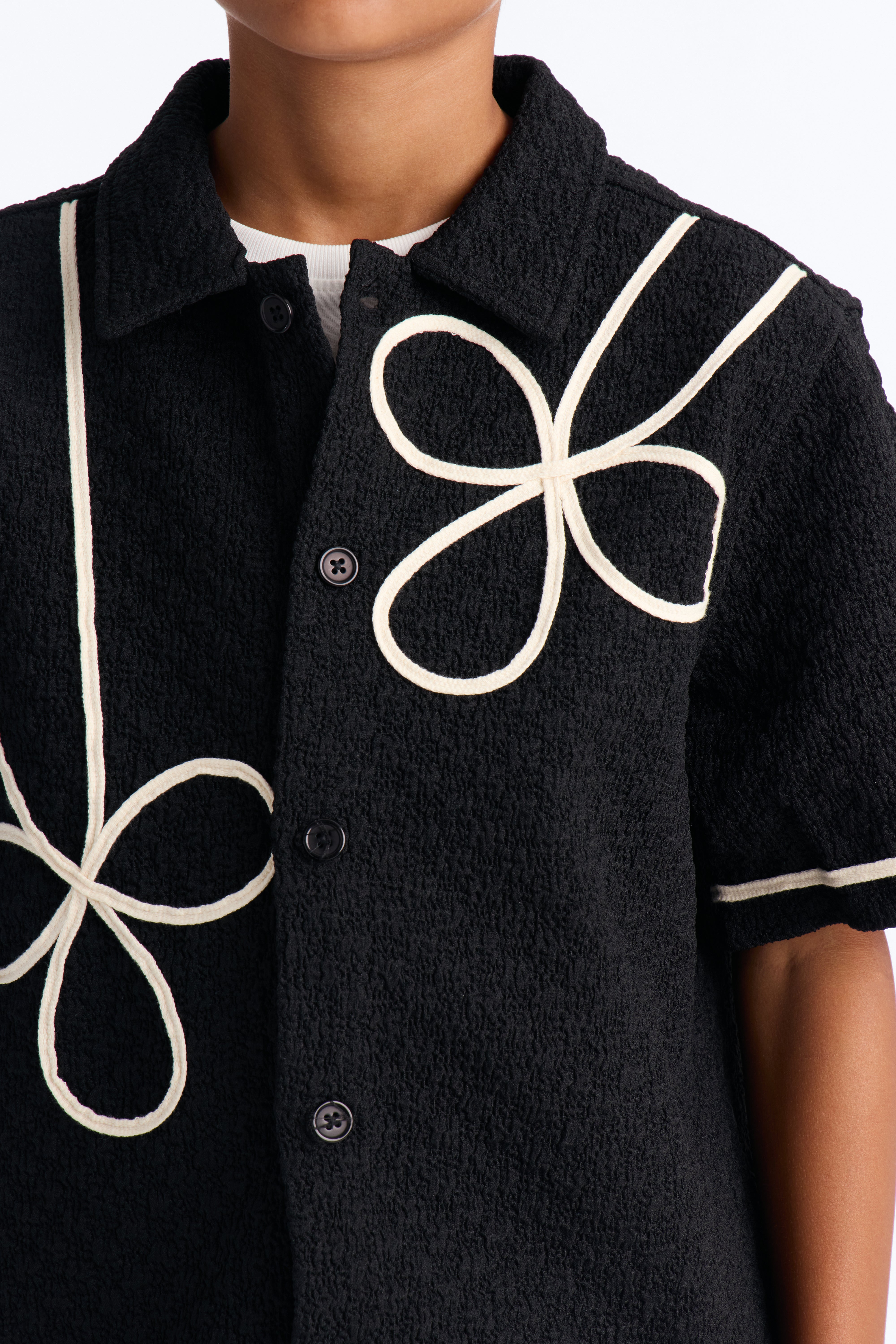 Mini Boxy Soho Weave Applique Textured Button Up Shirt - Black