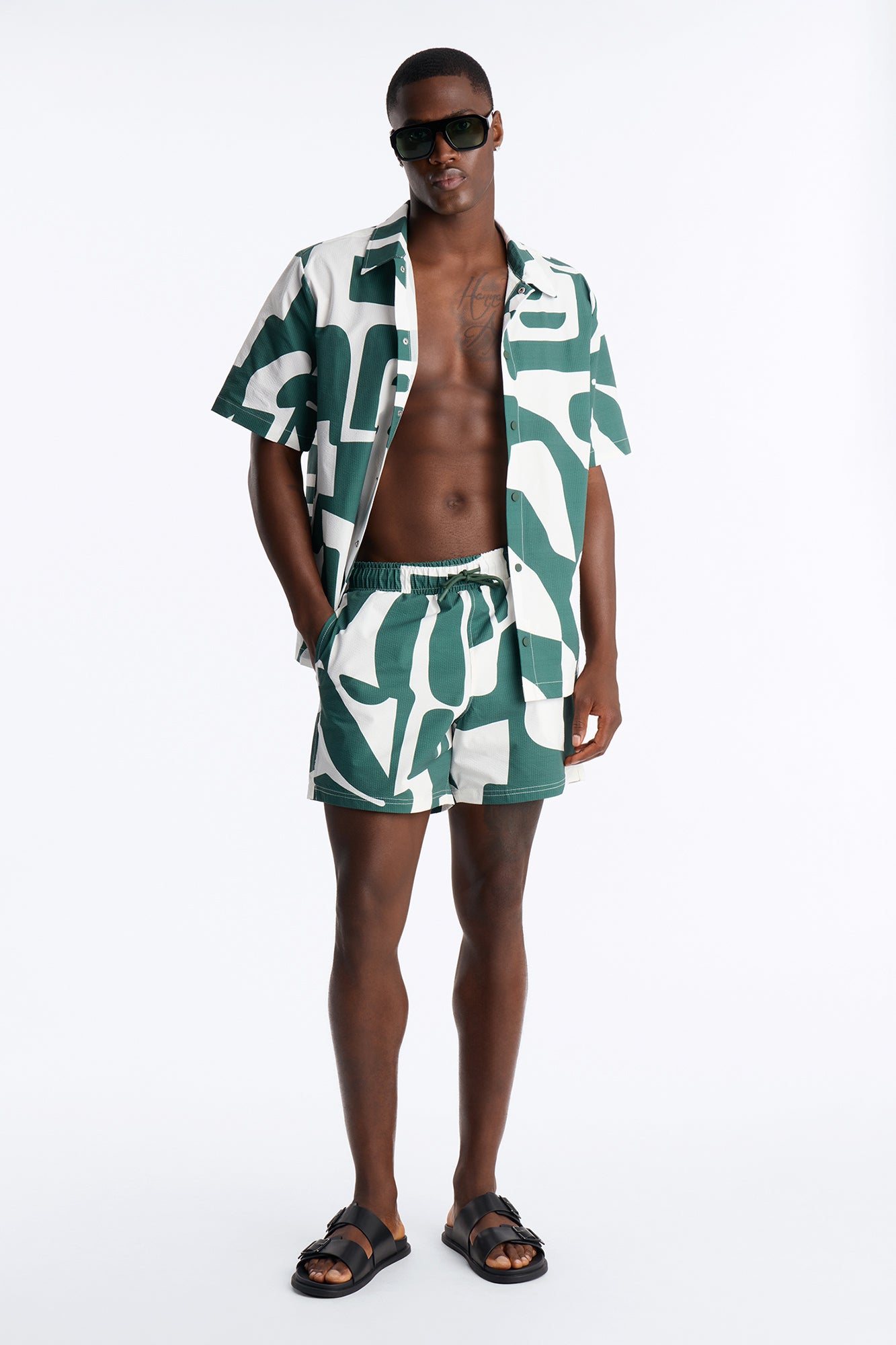 Seersucker Abstract Geo Printed Swim Trunk 6″ - Green/combo