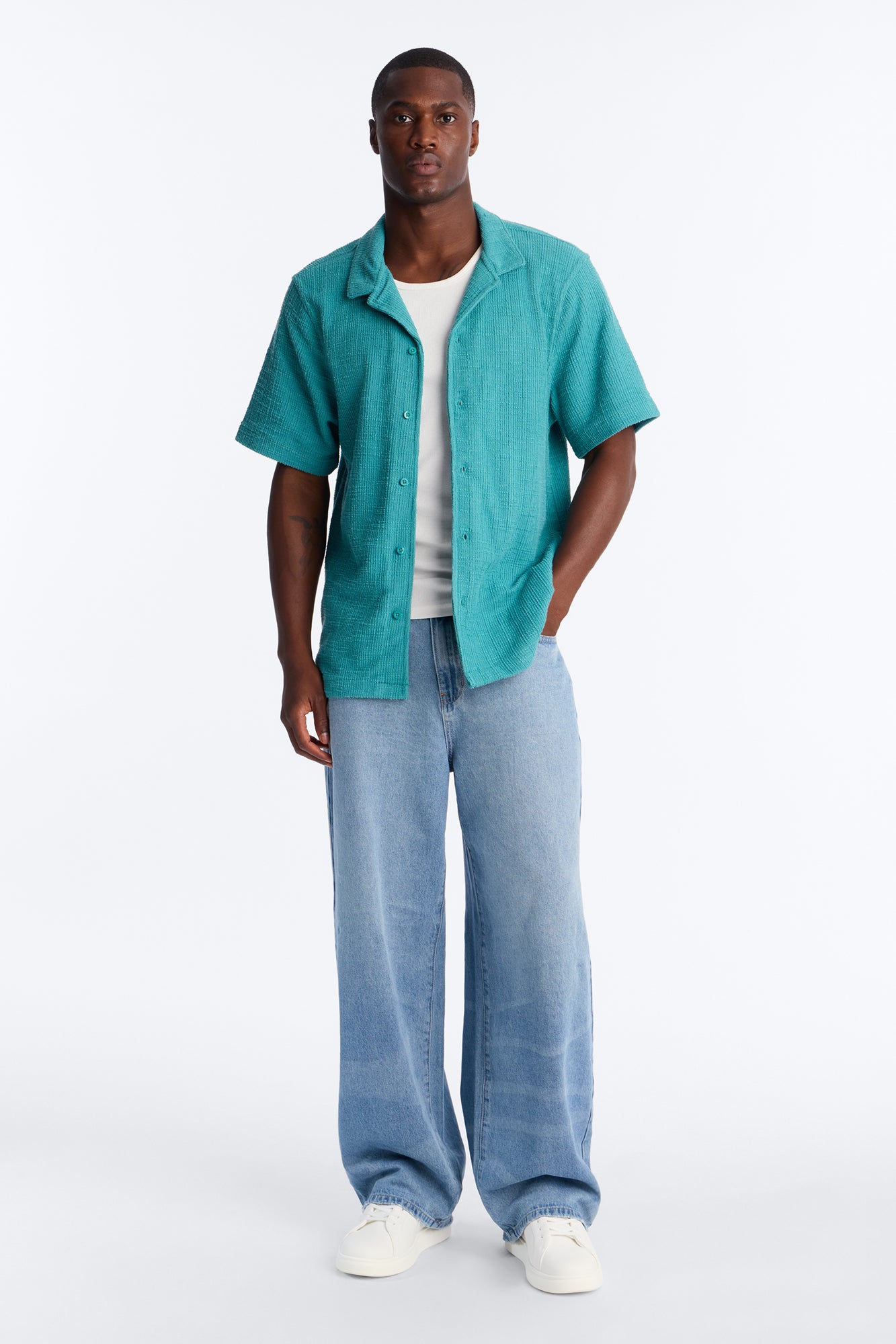 Dean Textured Short Sleeve Button Up Shirt - Teal