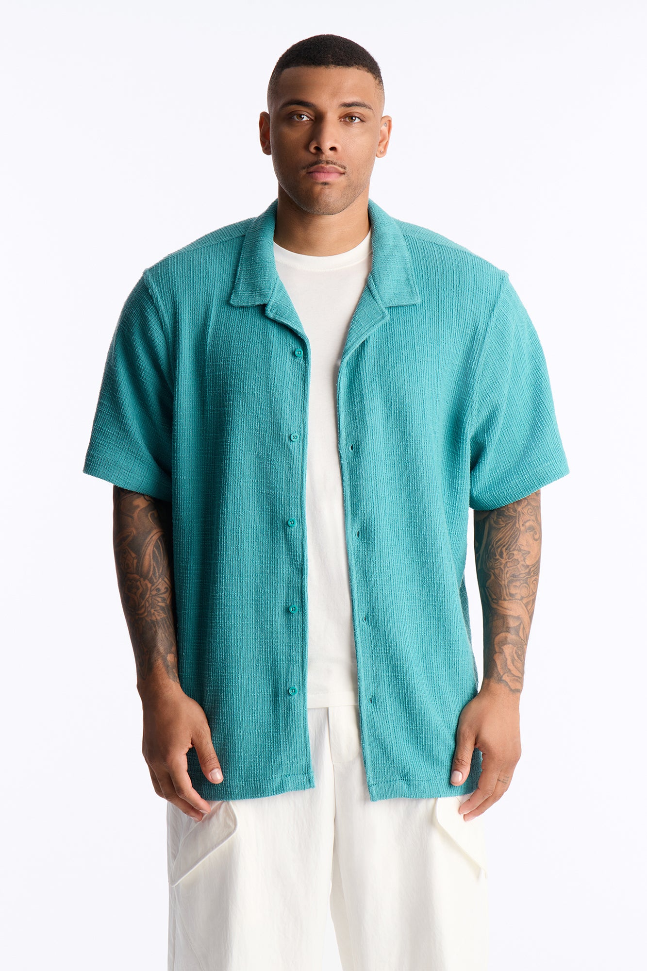 Dean Textured Short Sleeve Button Up Shirt - Teal