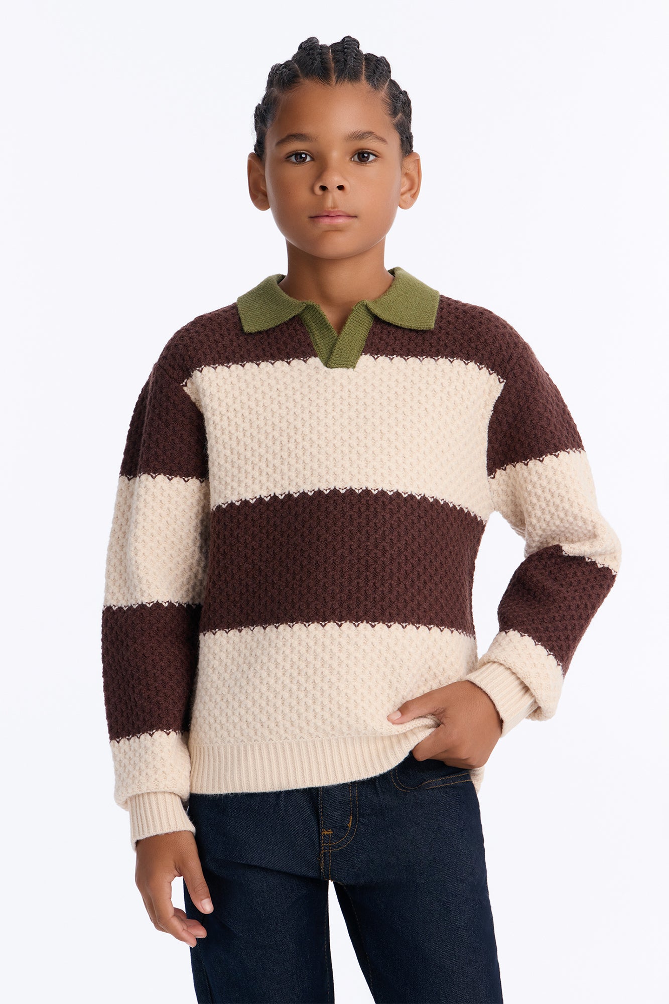 Mini Chunky Striped Polo Sweater - Brown