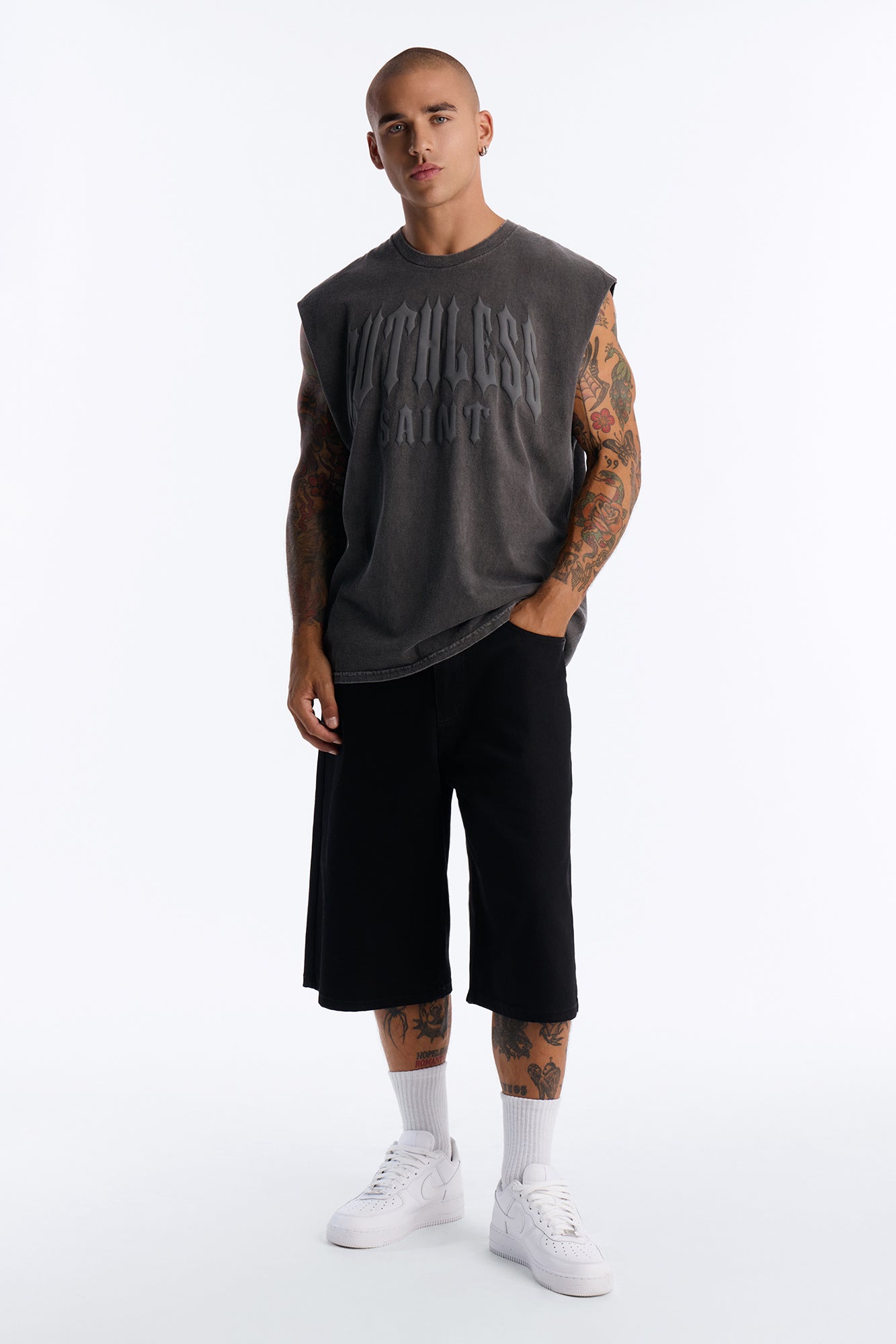 Ruthless Saint Vintage Oversized Muscle Tee - Charcoal