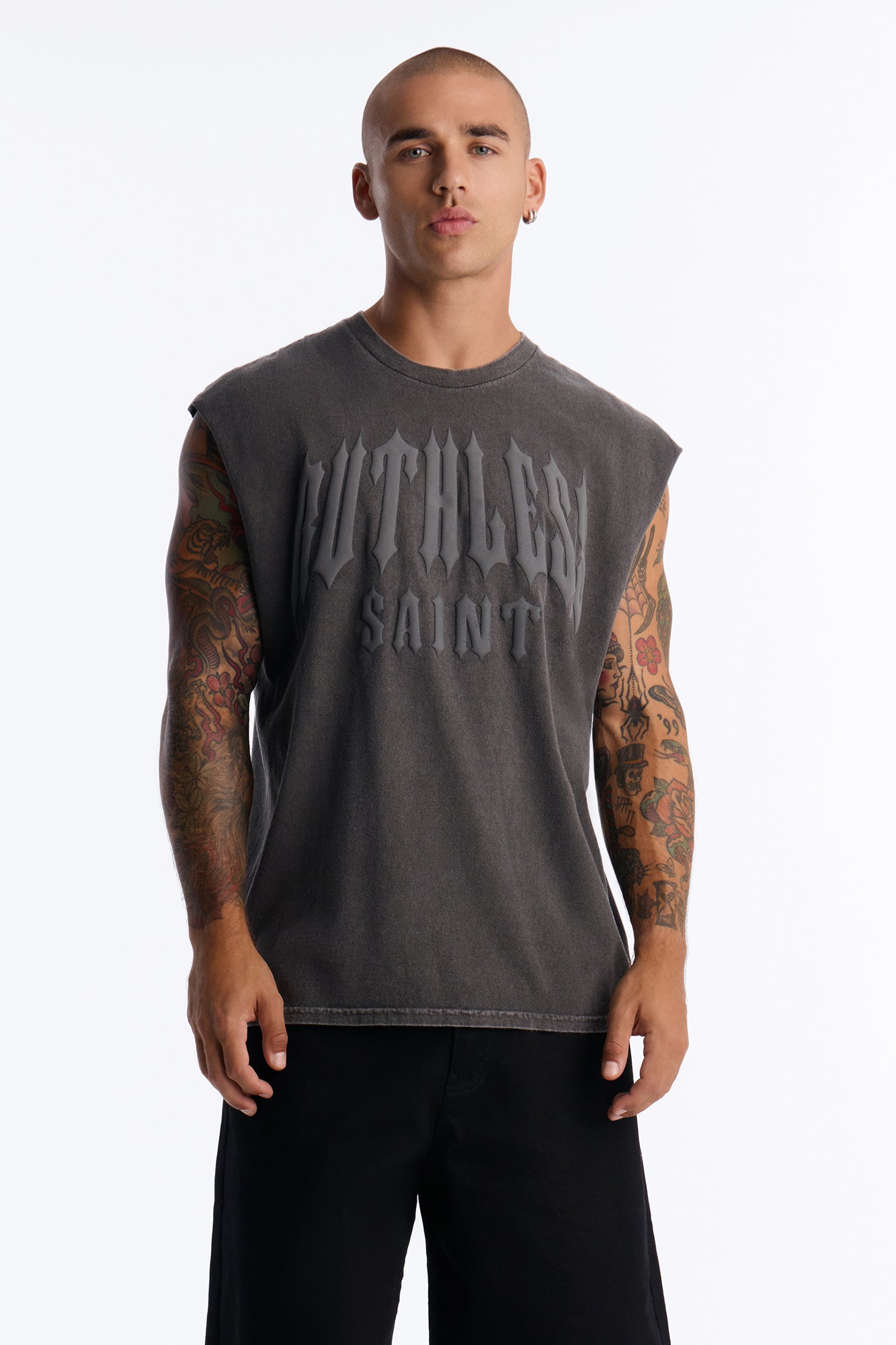 Ruthless Saint Vintage Oversized Muscle Tee - Charcoal