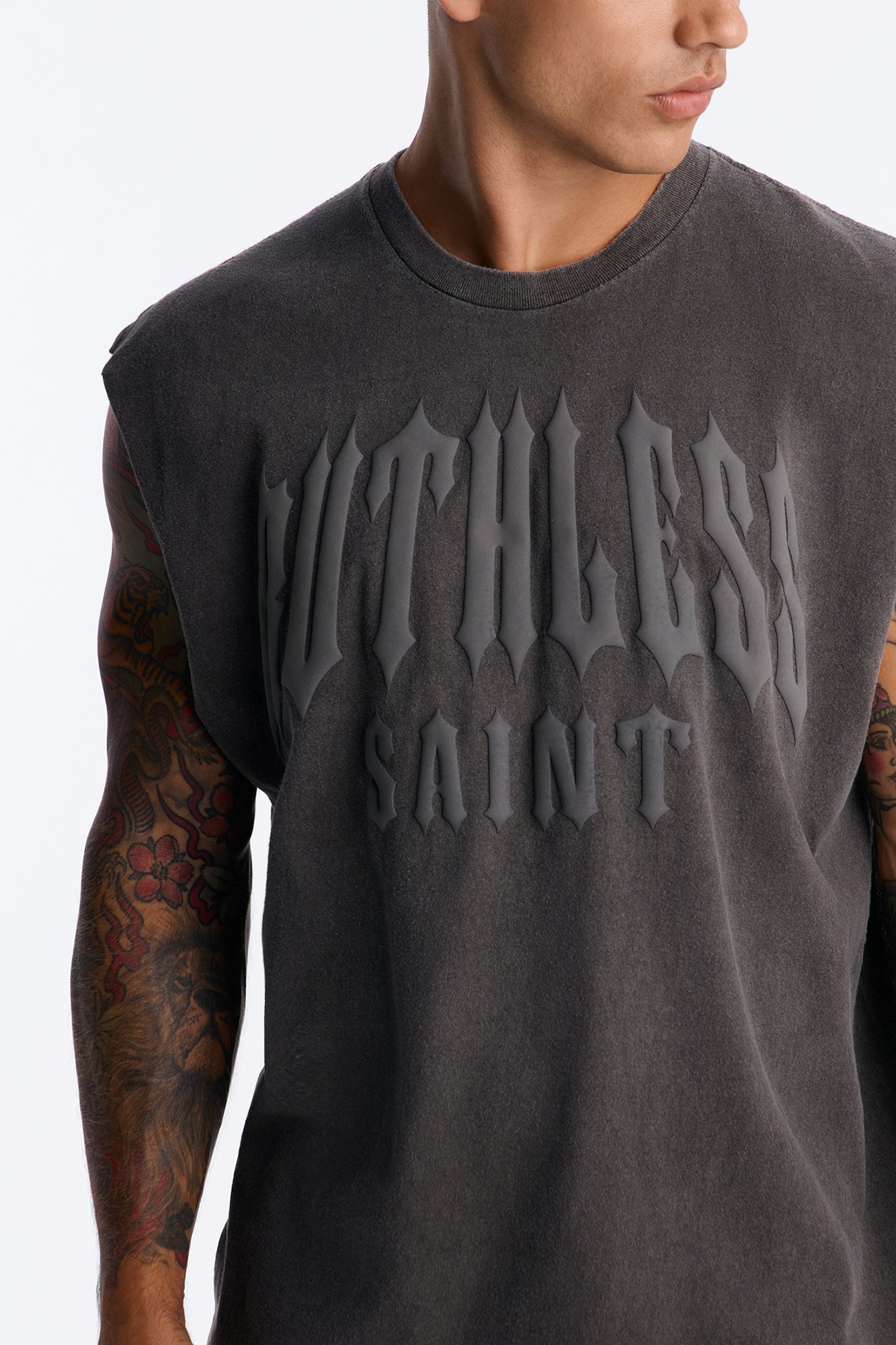 Ruthless Saint Vintage Oversized Muscle Tee - Charcoal