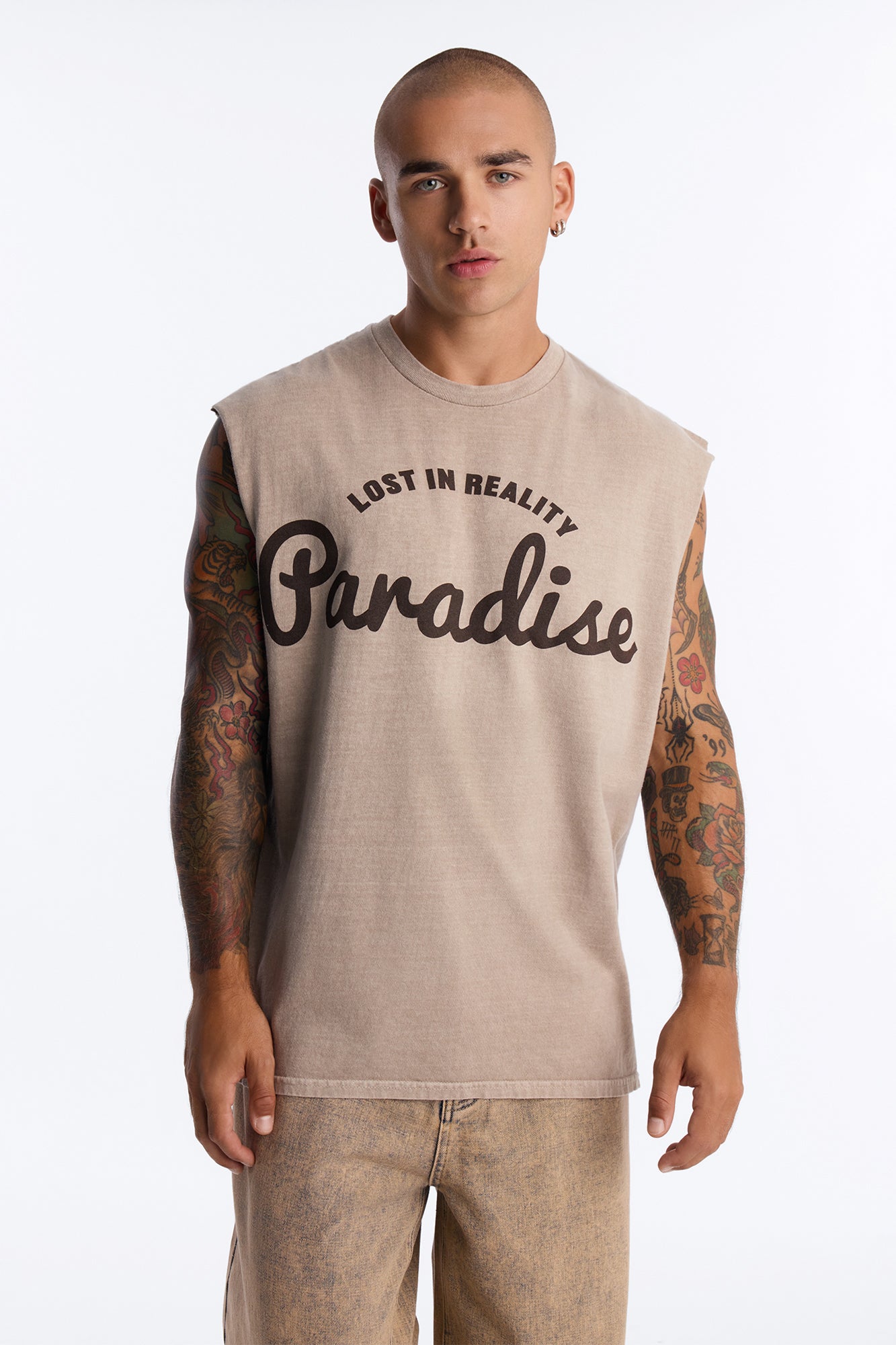 Lost In Reality Paradise Vintage Oversized Muscle Tee - Taupe