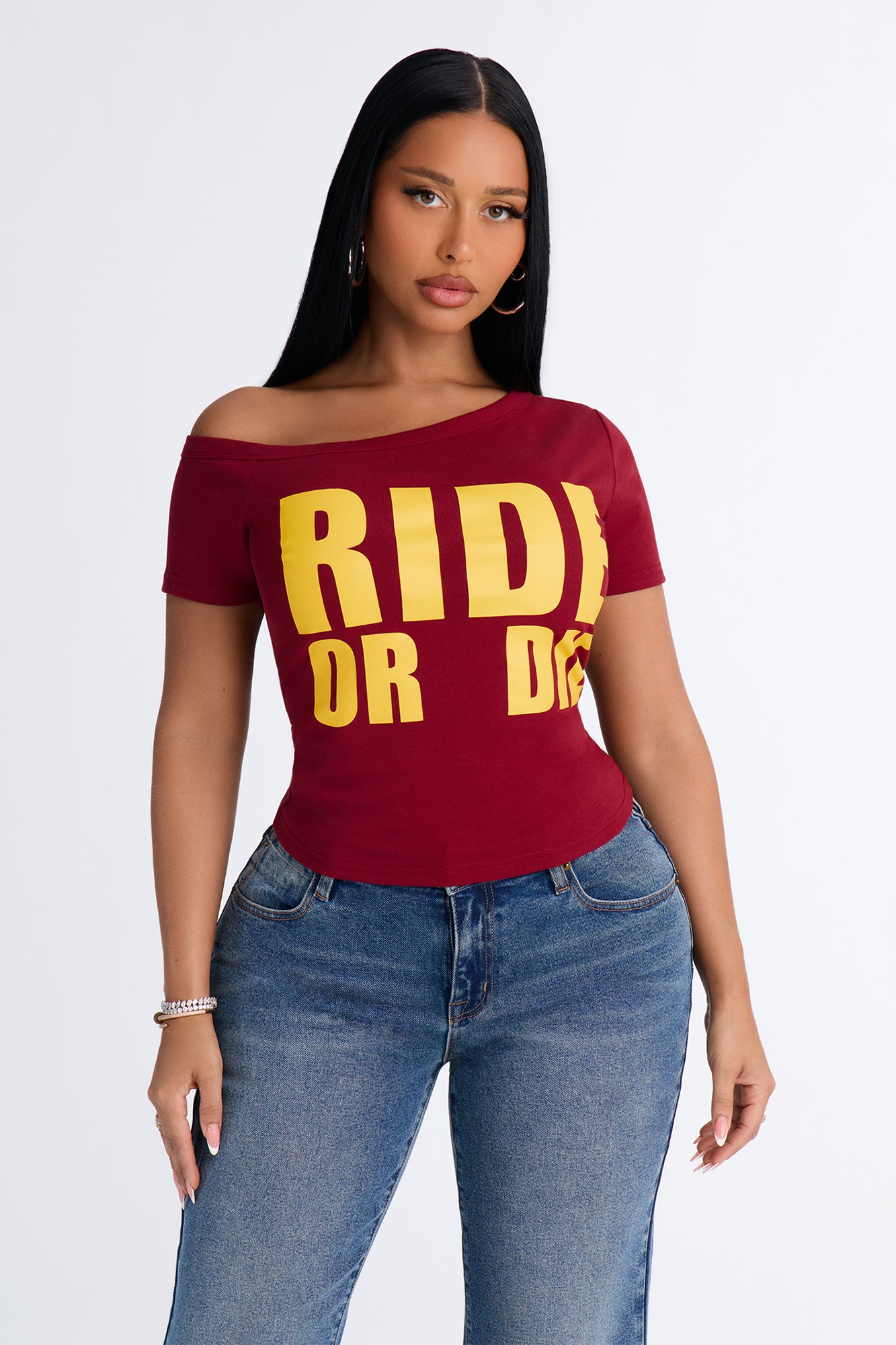 Ride Or Die Off Shoulder Top - Burgundy