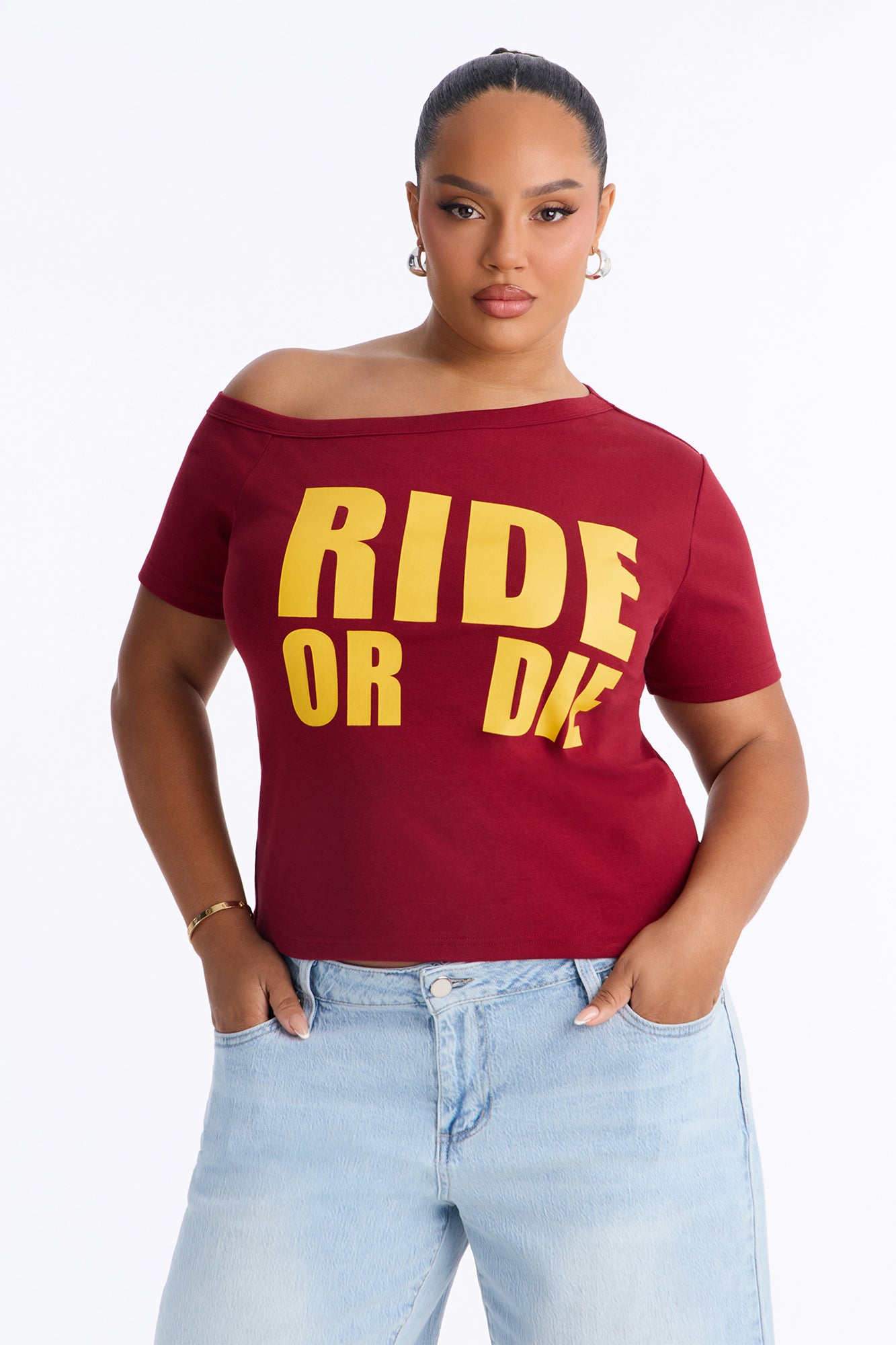 Ride Or Die Off Shoulder Top - Burgundy