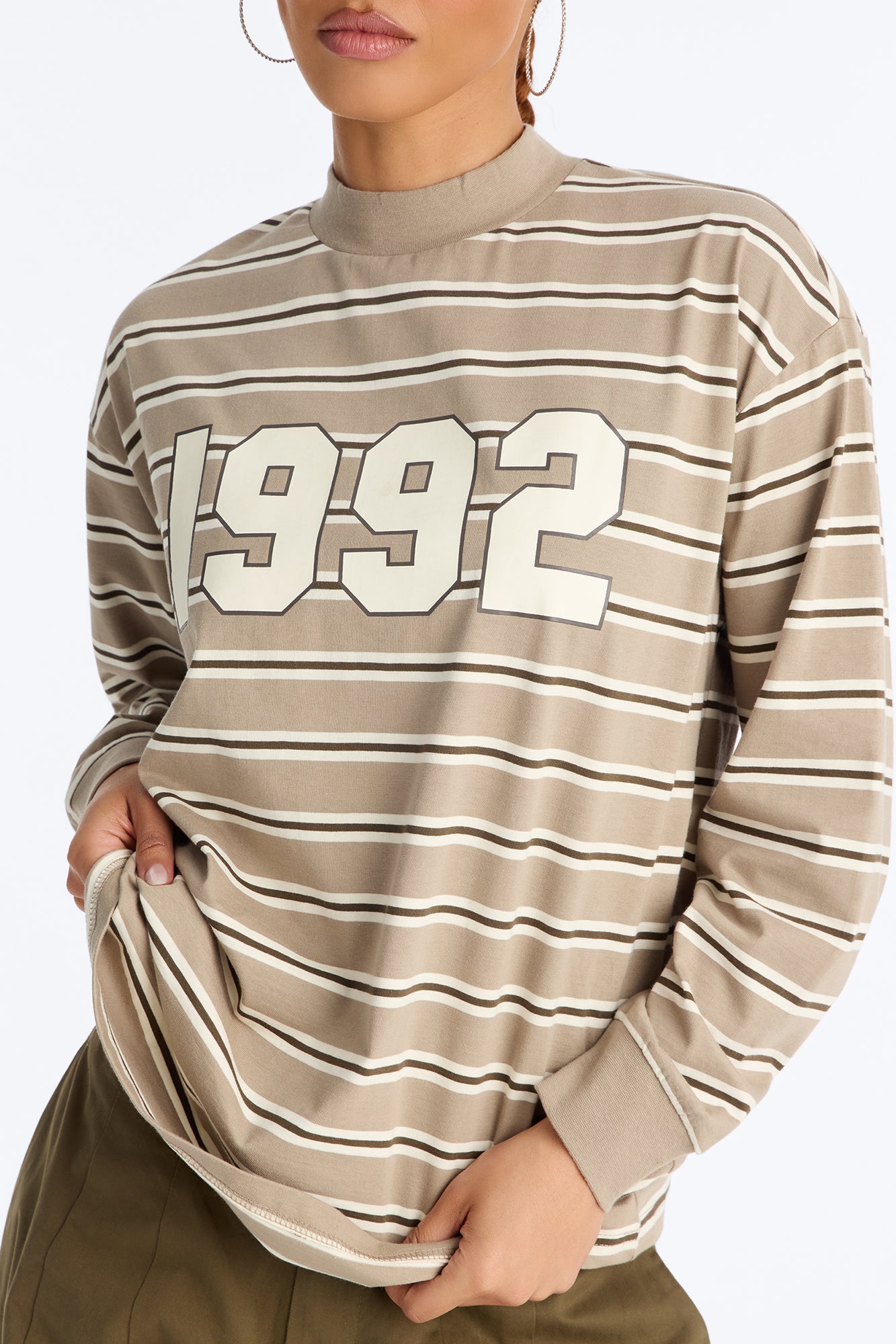 90's Vibe Striped Mock Neck Tee - Sand