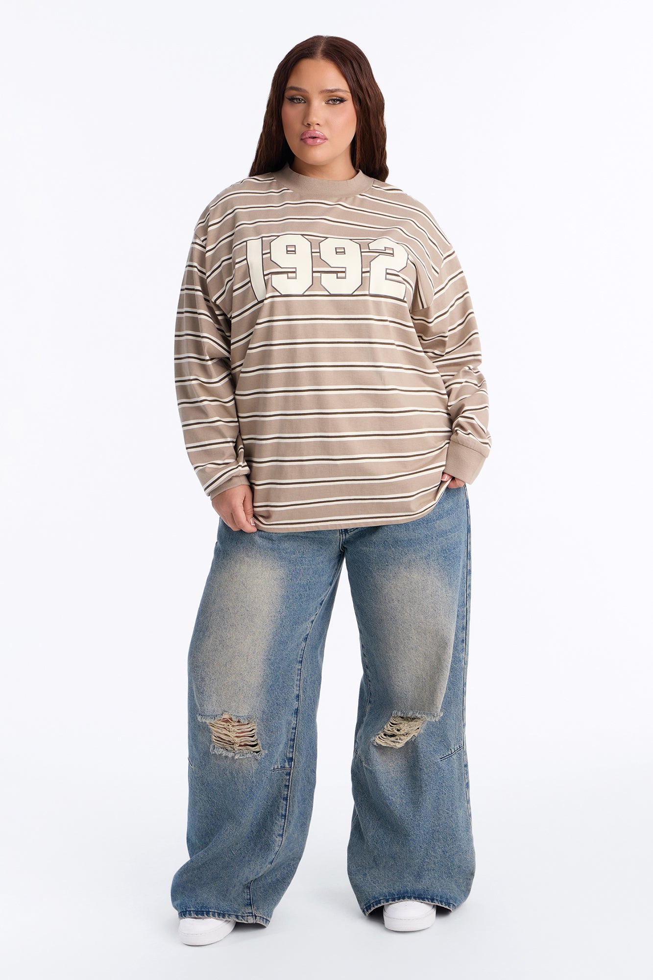 90's Vibe Striped Mock Neck Tee - Sand