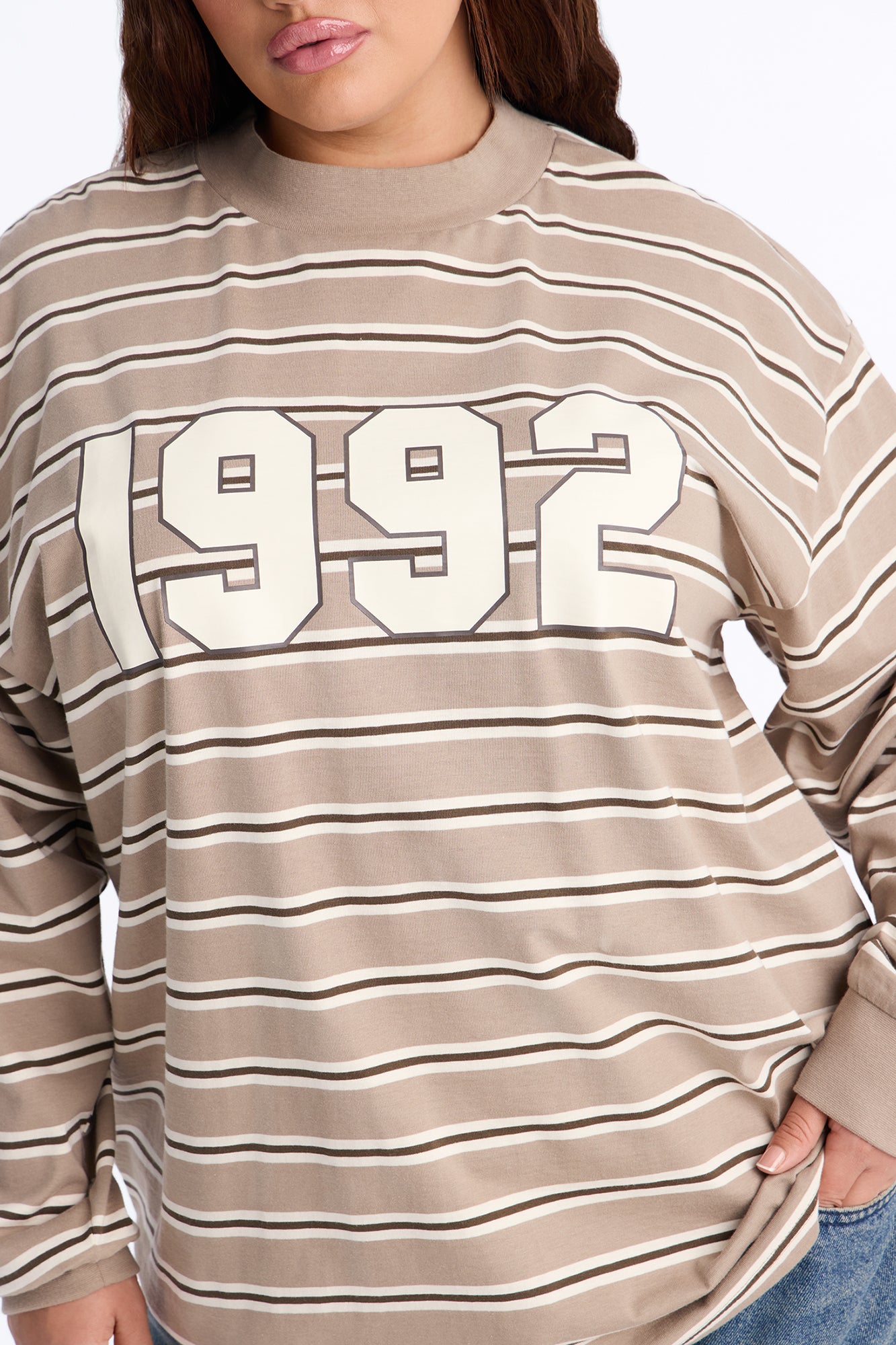 90's Vibe Striped Mock Neck Tee - Sand