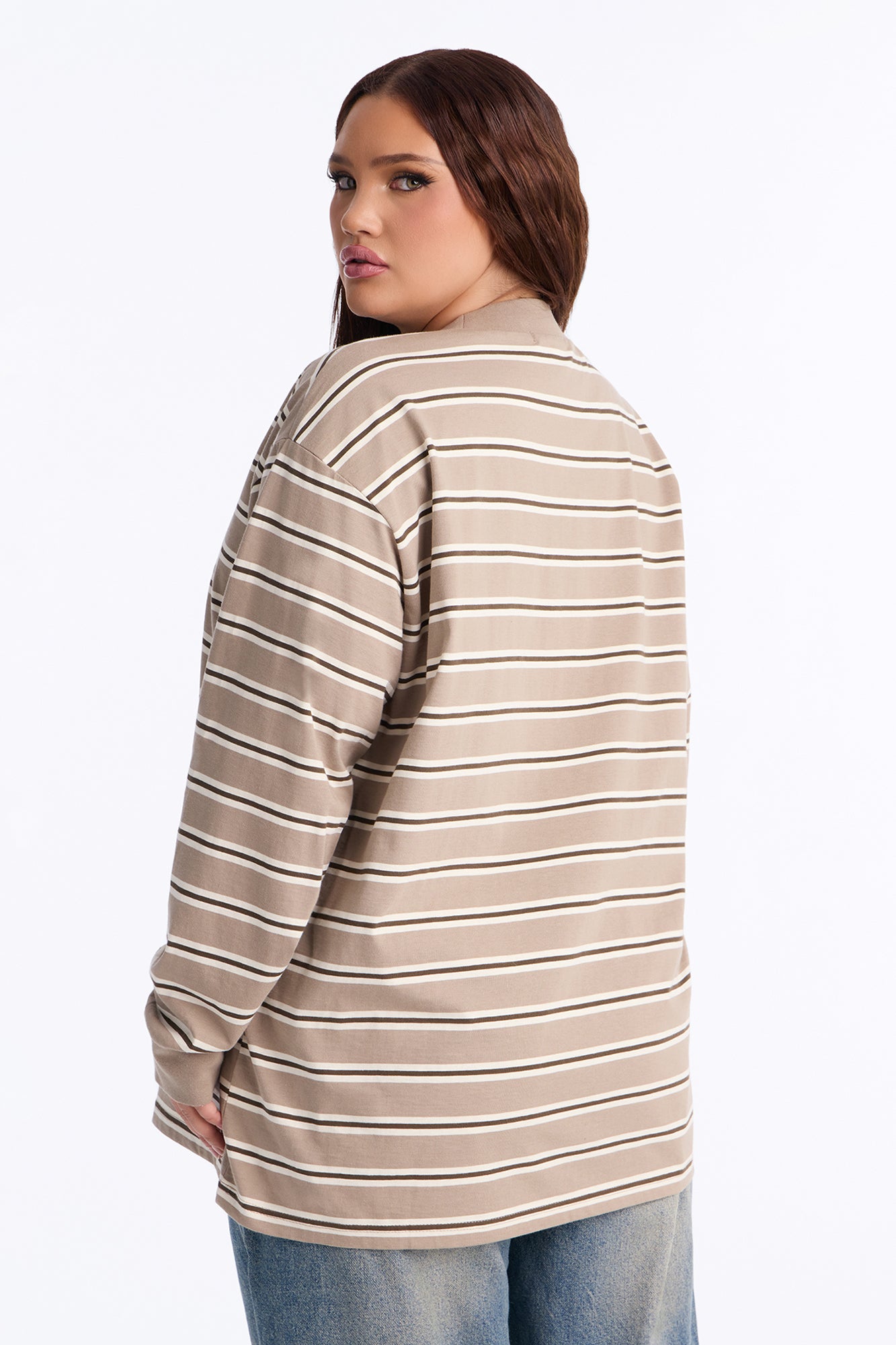 90's Vibe Striped Mock Neck Tee - Sand