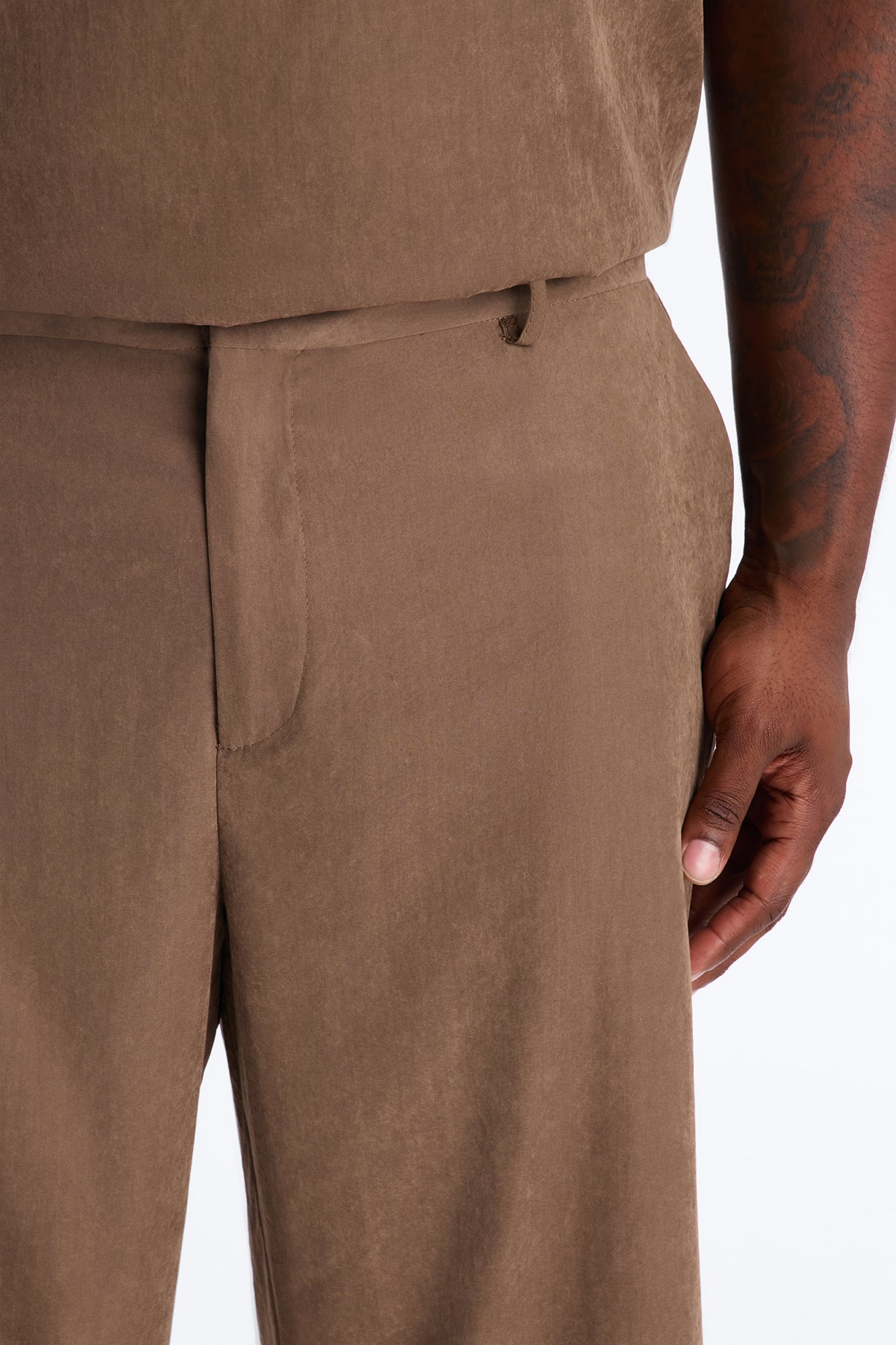 Neo Faux Suede Straight Leg Trouser - Brown