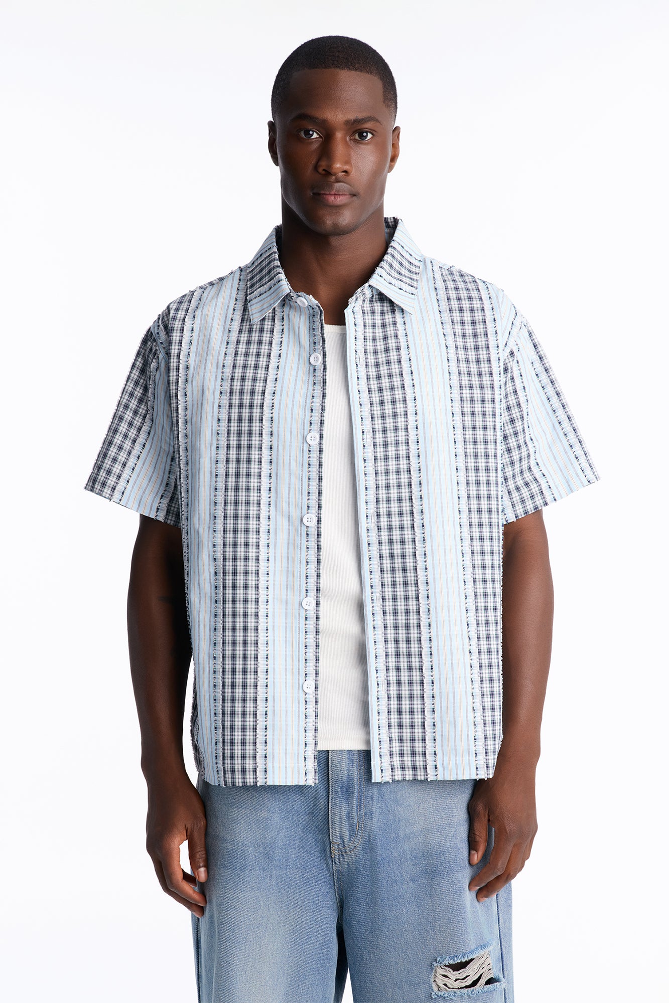 Plaid Dual Toned Button Up Shirt - Blue/combo