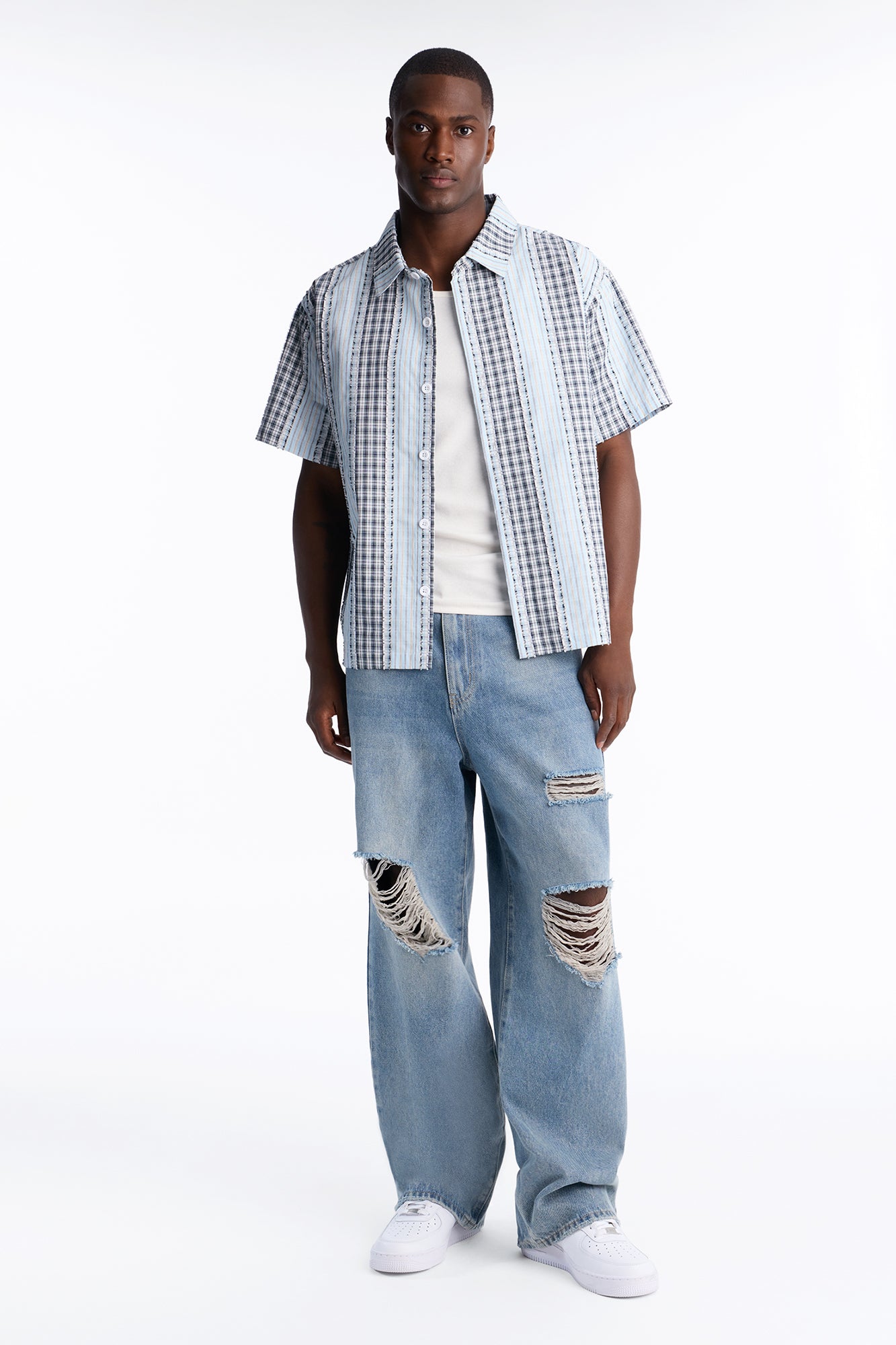 Plaid Dual Toned Button Up Shirt - Blue/combo