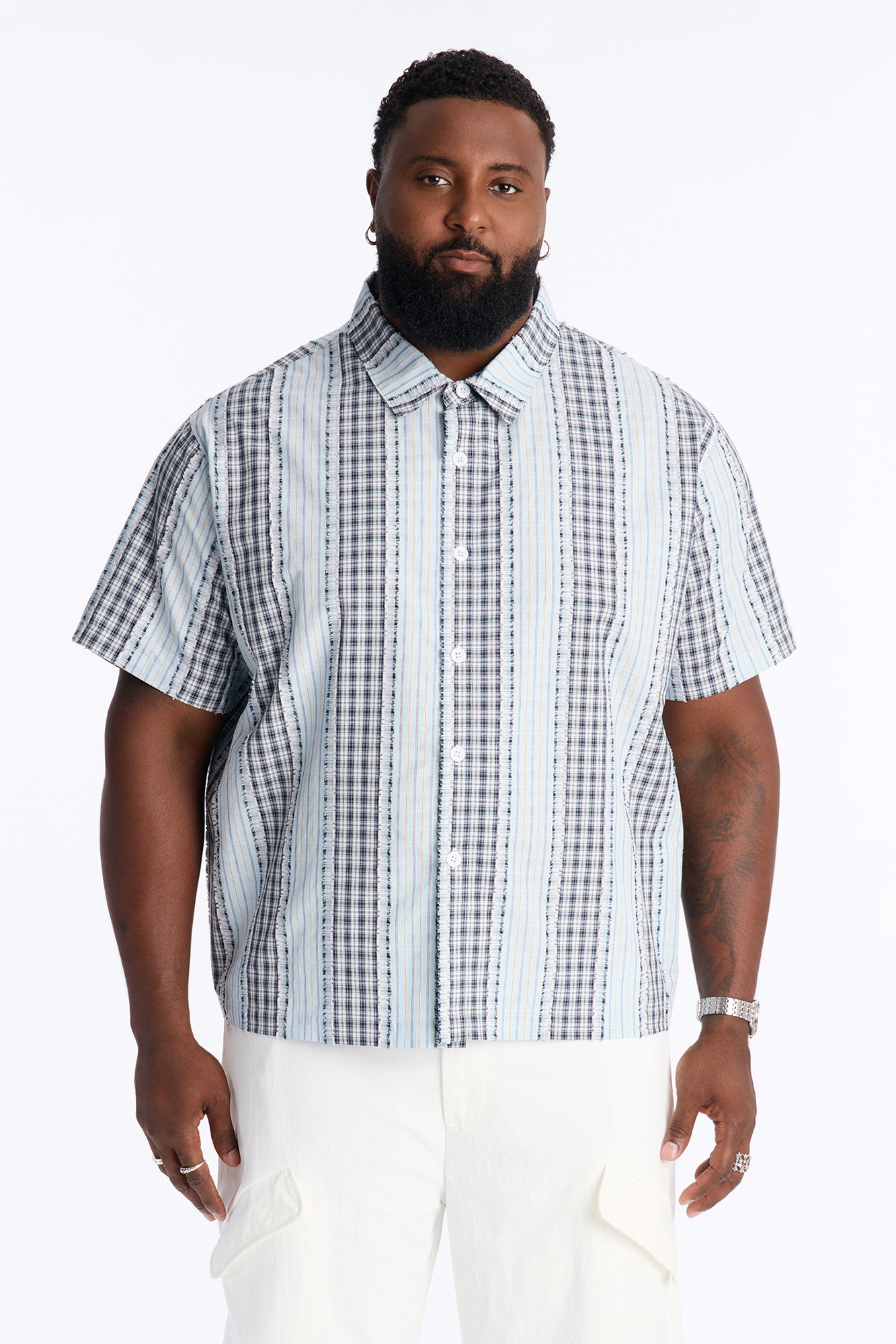 Plaid Dual Toned Button Up Shirt - Blue/combo