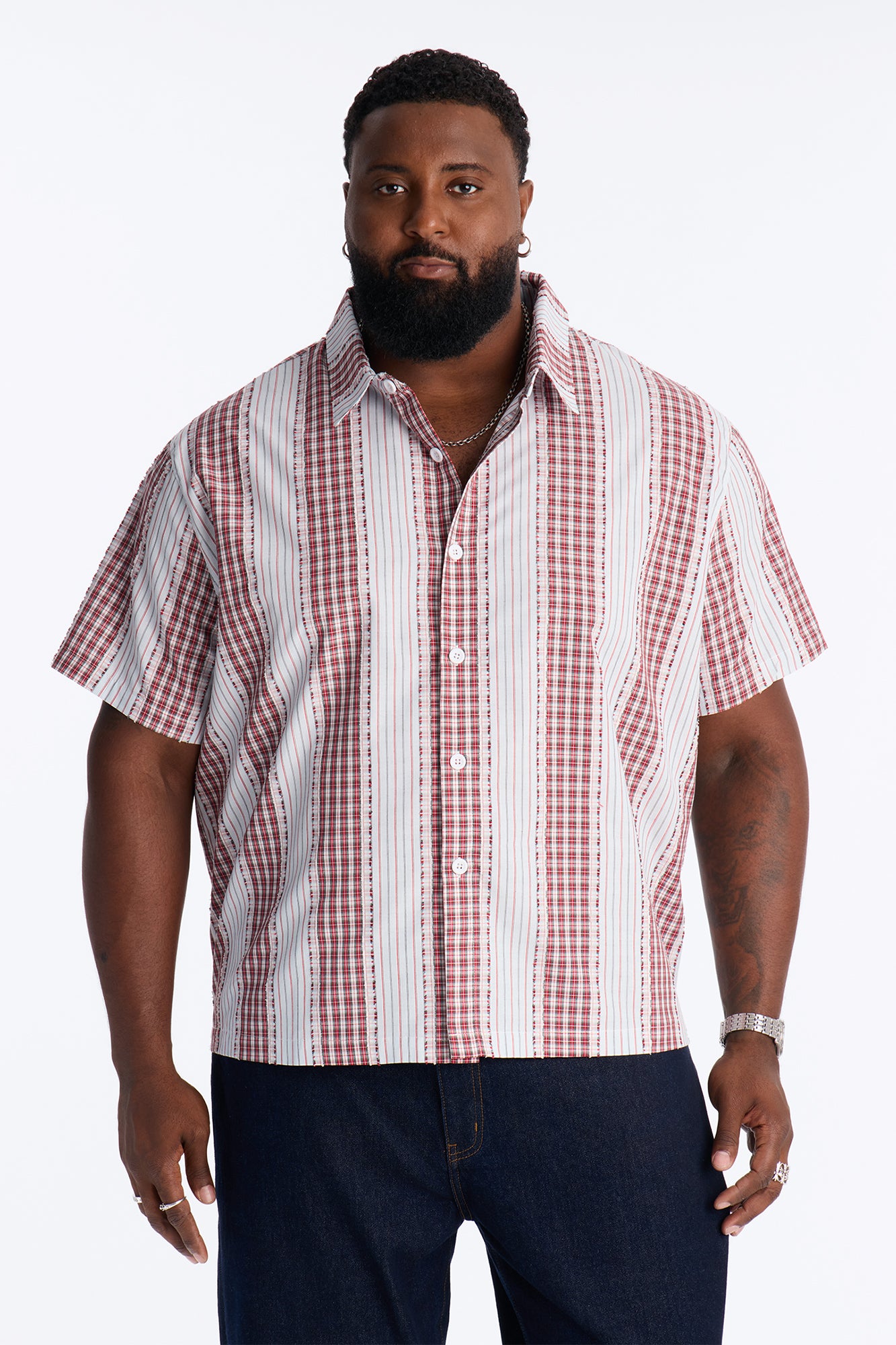 Plaid Dual Toned Button Up Shirt - Red/combo