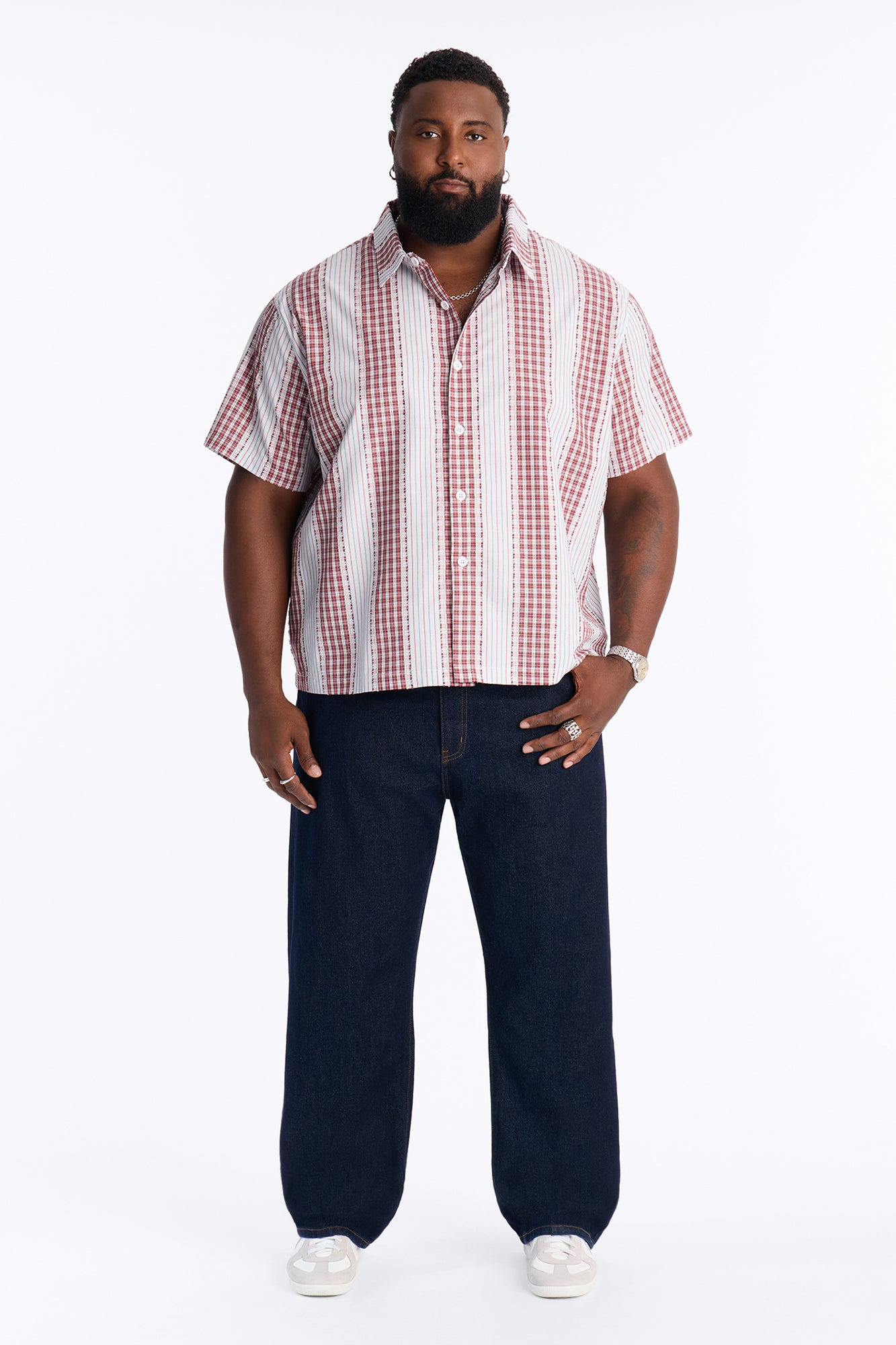 Plaid Dual Toned Button Up Shirt - Red/combo