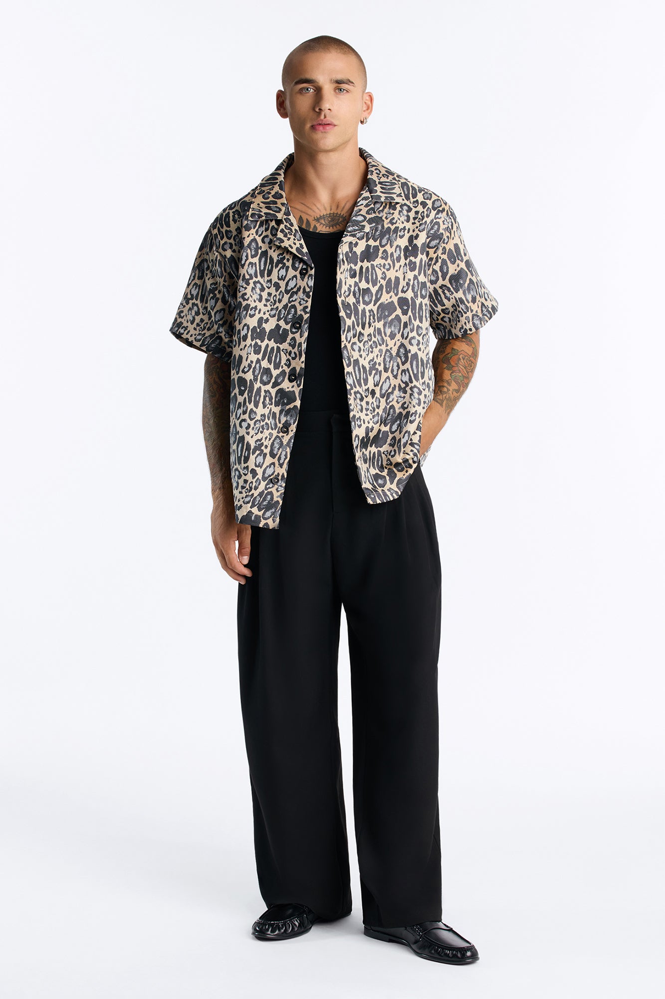 Onyx Leopard Cuban Collar Button Up Shirt - Khaki/combo
