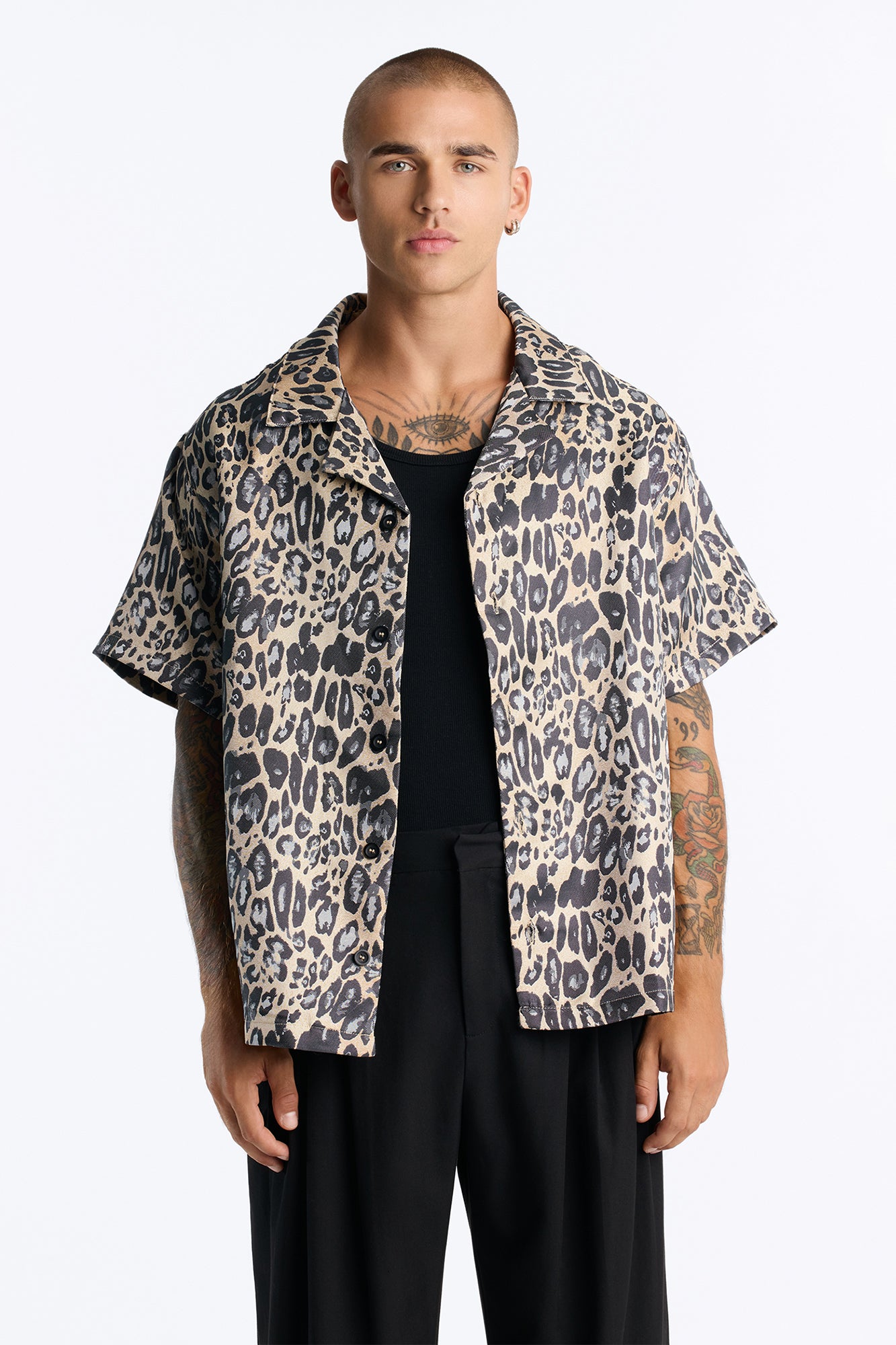 Onyx Leopard Cuban Collar Button Up Shirt - Khaki/combo