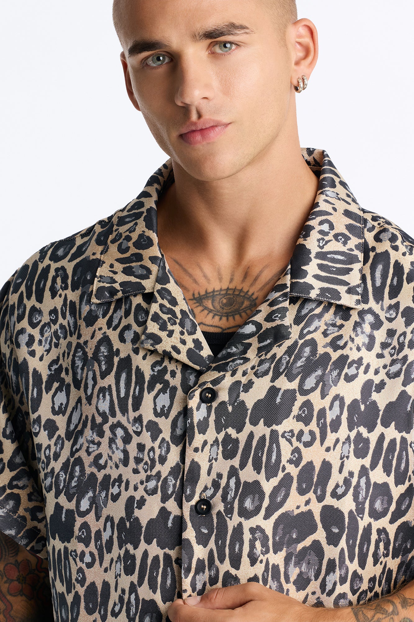 Onyx Leopard Cuban Collar Button Up Shirt - Khaki/combo