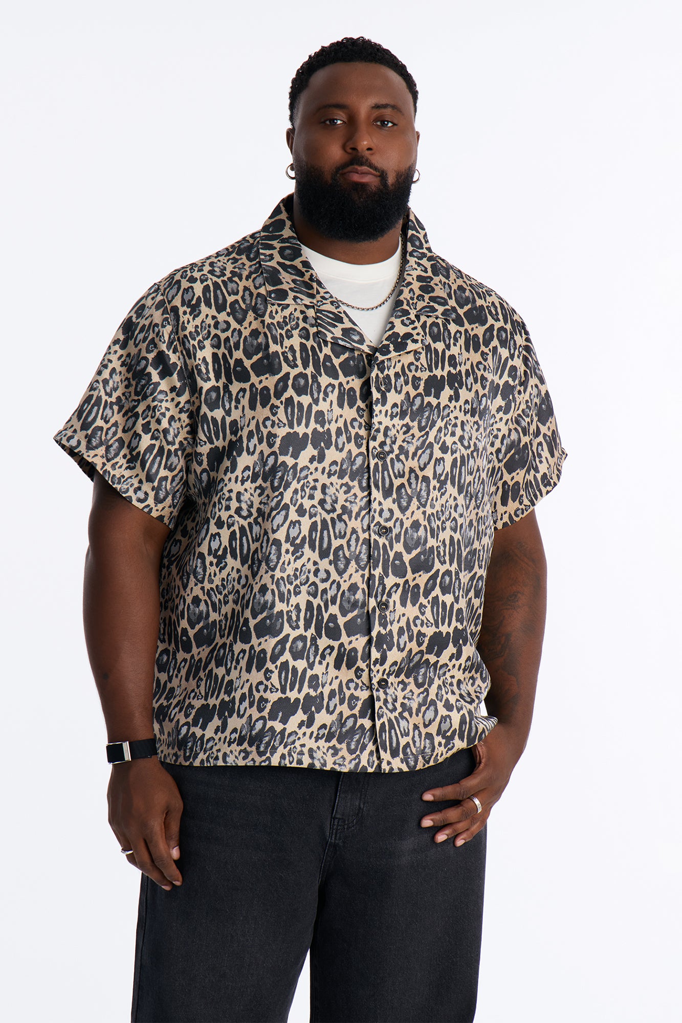 Onyx Leopard Cuban Collar Button Up Shirt - Khaki/combo