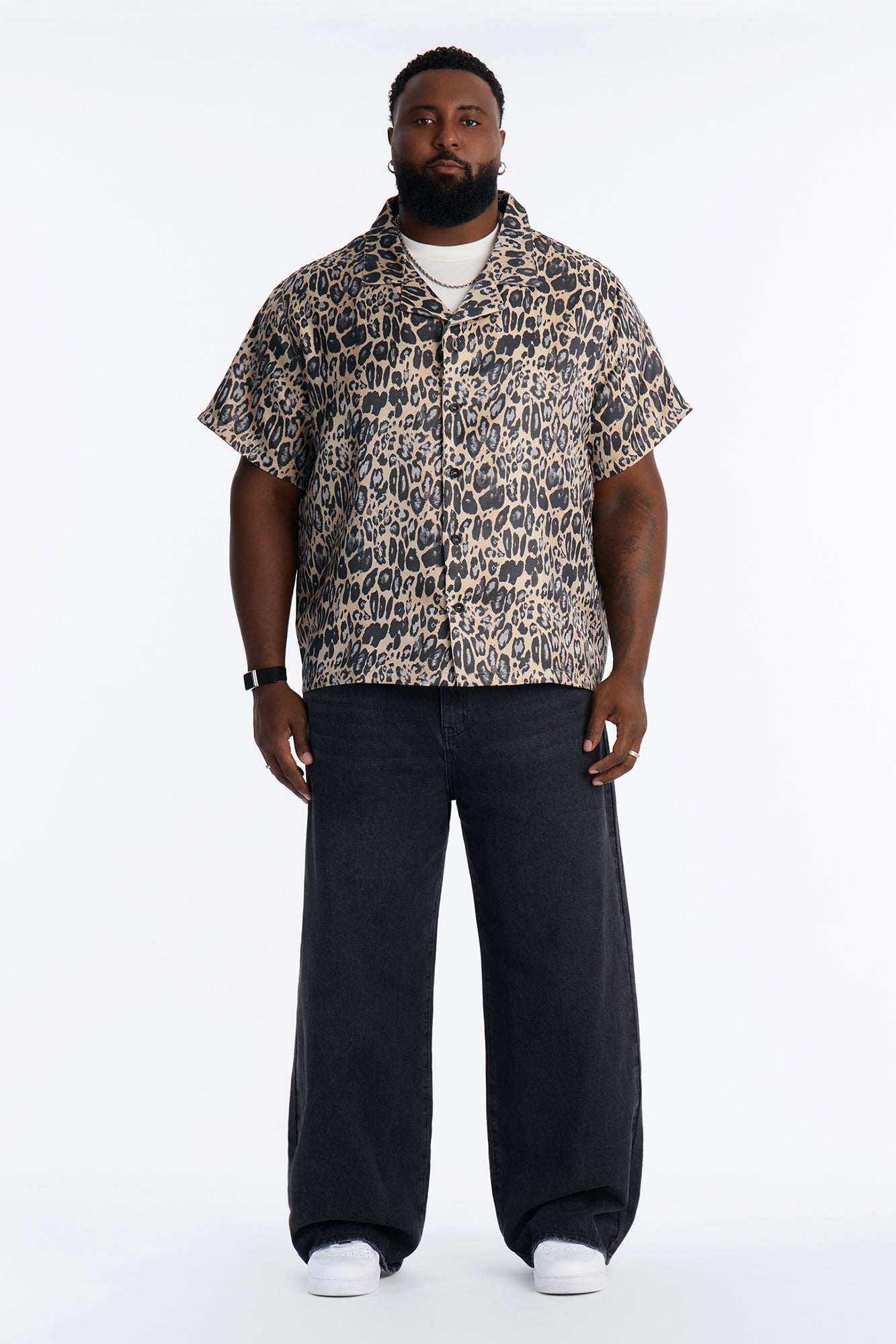 Onyx Leopard Cuban Collar Button Up Shirt - Khaki/combo