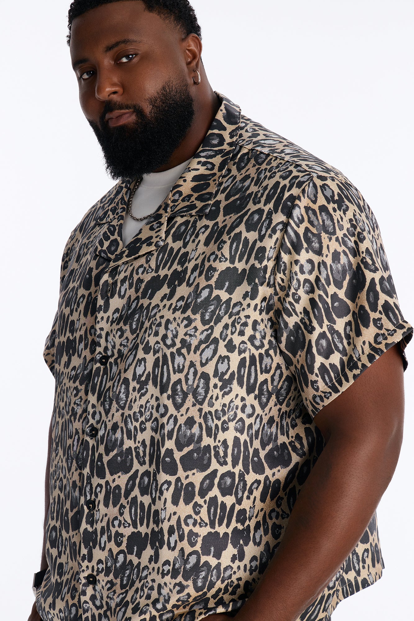 Onyx Leopard Cuban Collar Button Up Shirt - Khaki/combo