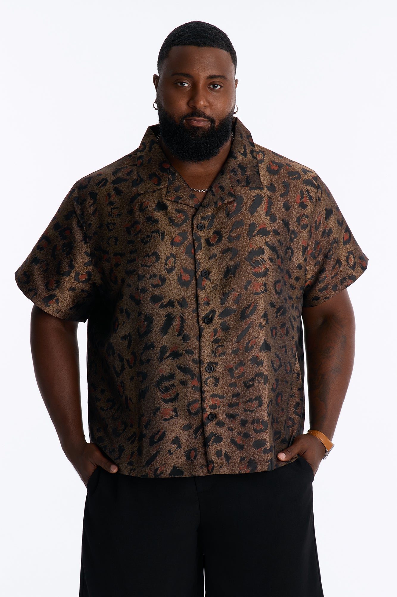 Dune Leopard Cuban Collar Button Up Shirt - Brown/combo
