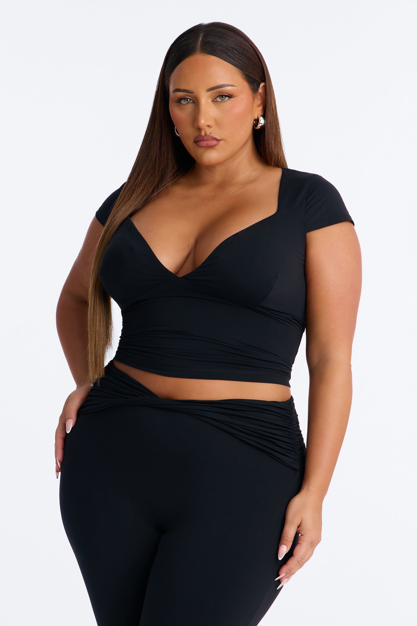 Second Skin Double Lined Bra Pad V Neck Cap Sleeve Top - Black