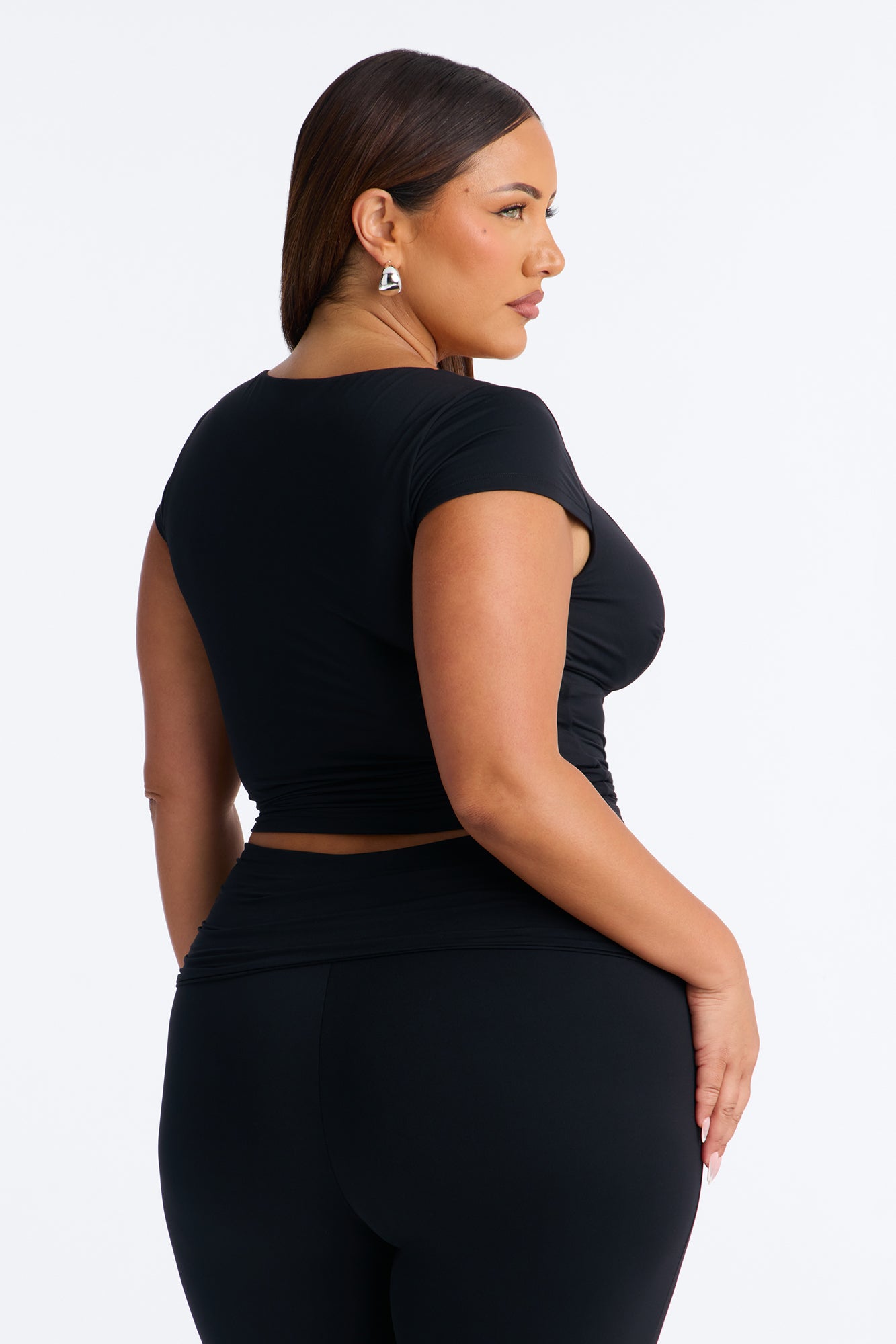 Second Skin Double Lined Bra Pad V Neck Cap Sleeve Top - Black