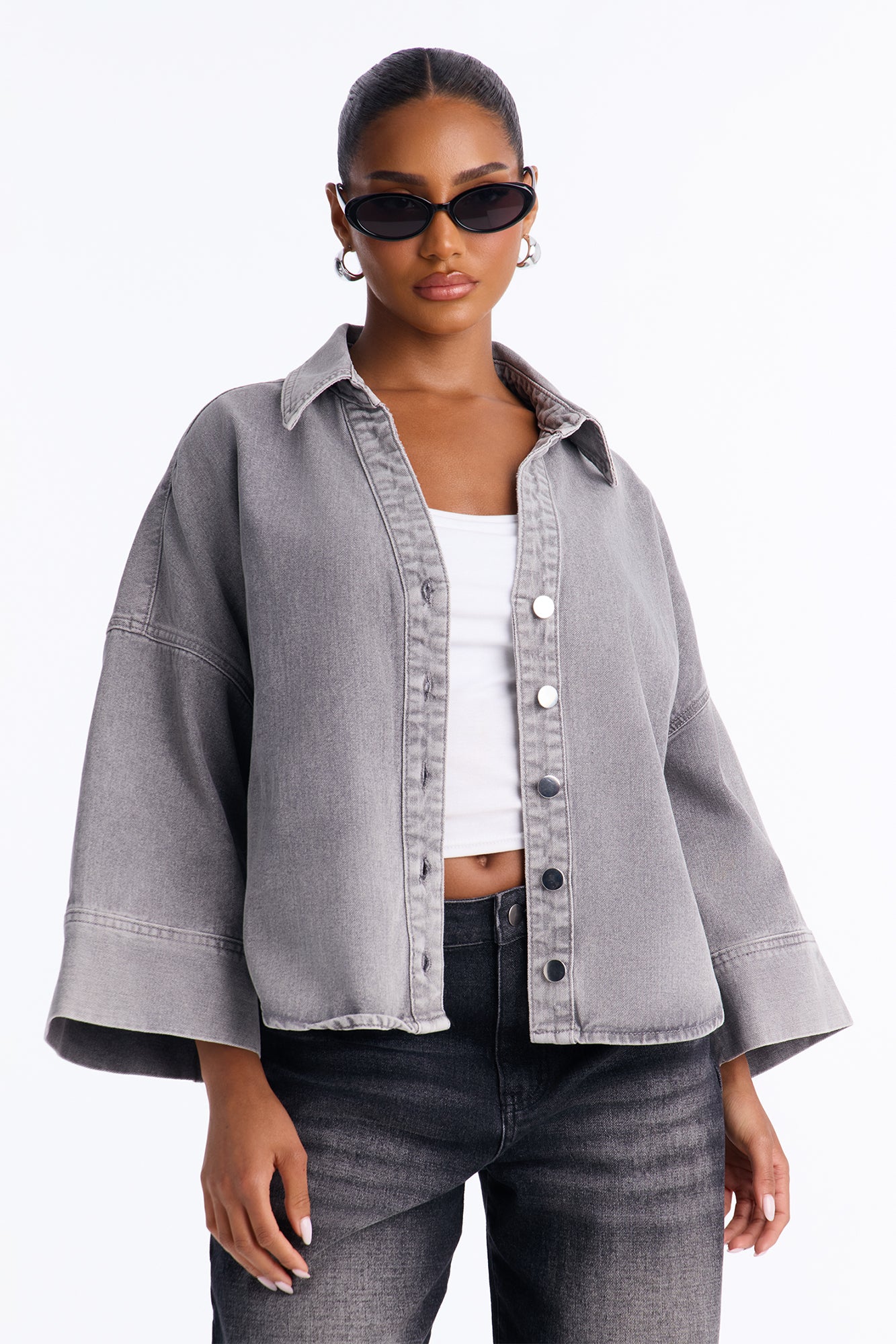 Fit Secured Oversized Denim Shirt - Charcoal