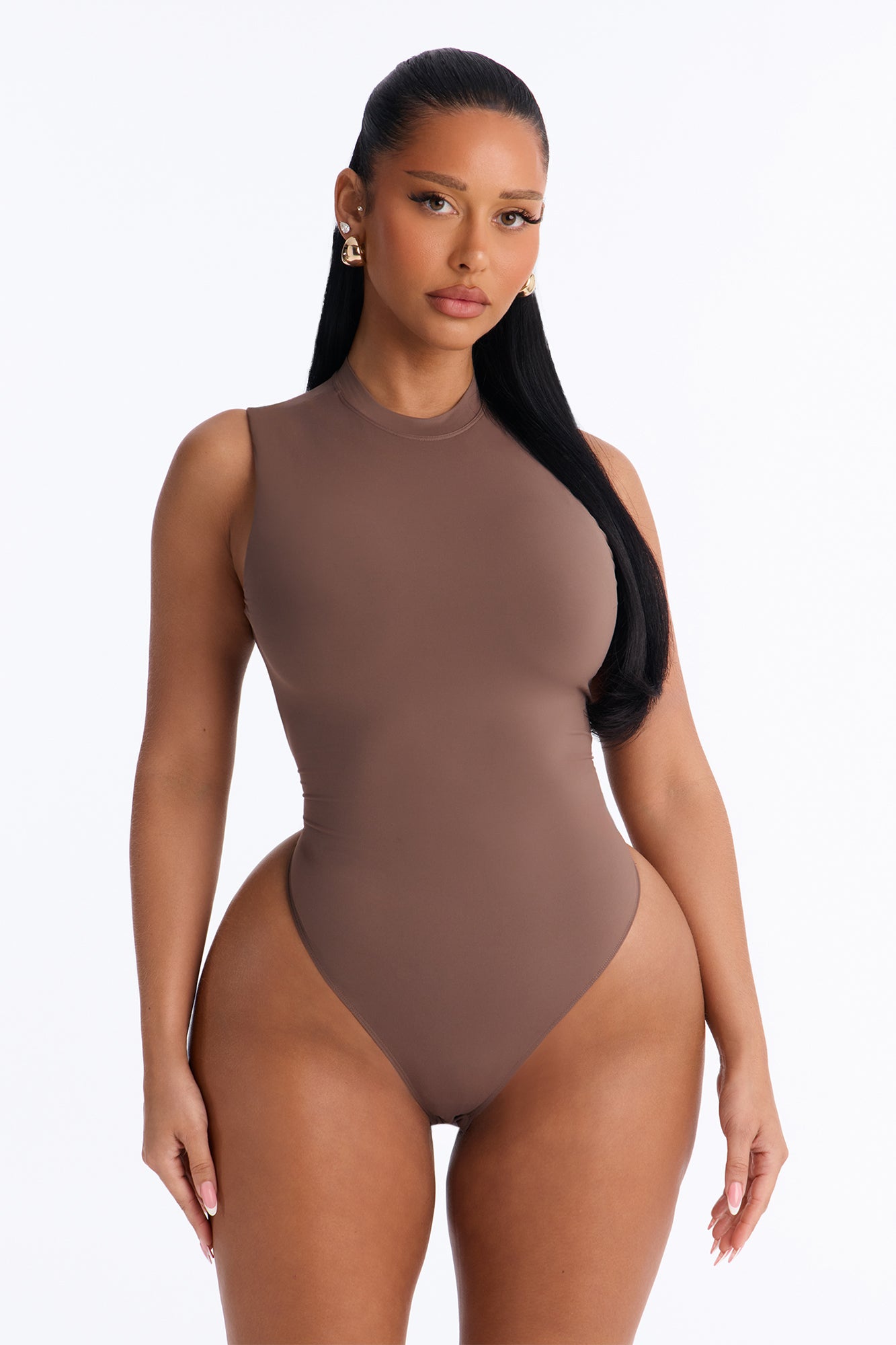 Second Skin Double Lined Mock Neck Sleeveless Bodysuit - Brown