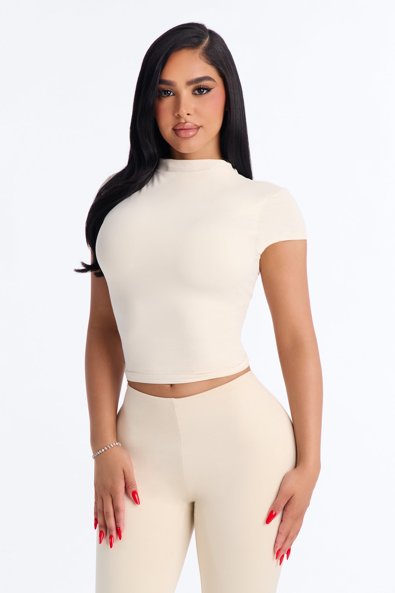 Second Skin Double Lined Mock Neck Short Sleeve Top - Bone