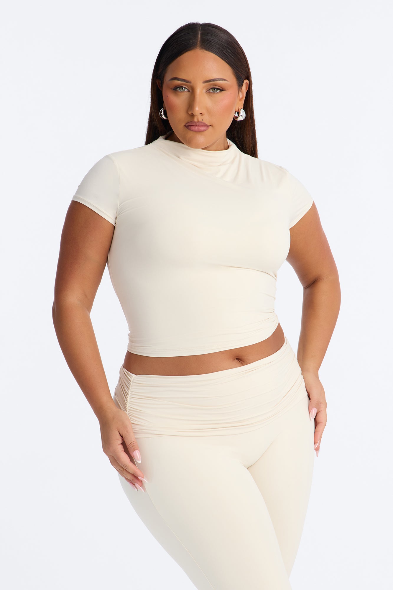 Second Skin Double Lined Mock Neck Short Sleeve Top - Bone