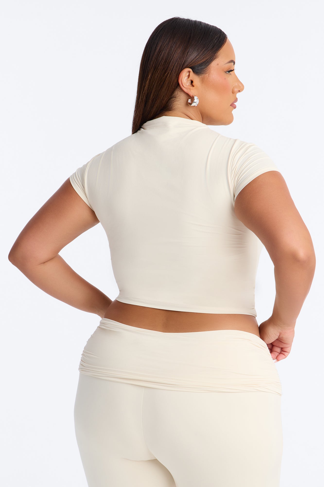 Second Skin Double Lined Mock Neck Short Sleeve Top - Bone
