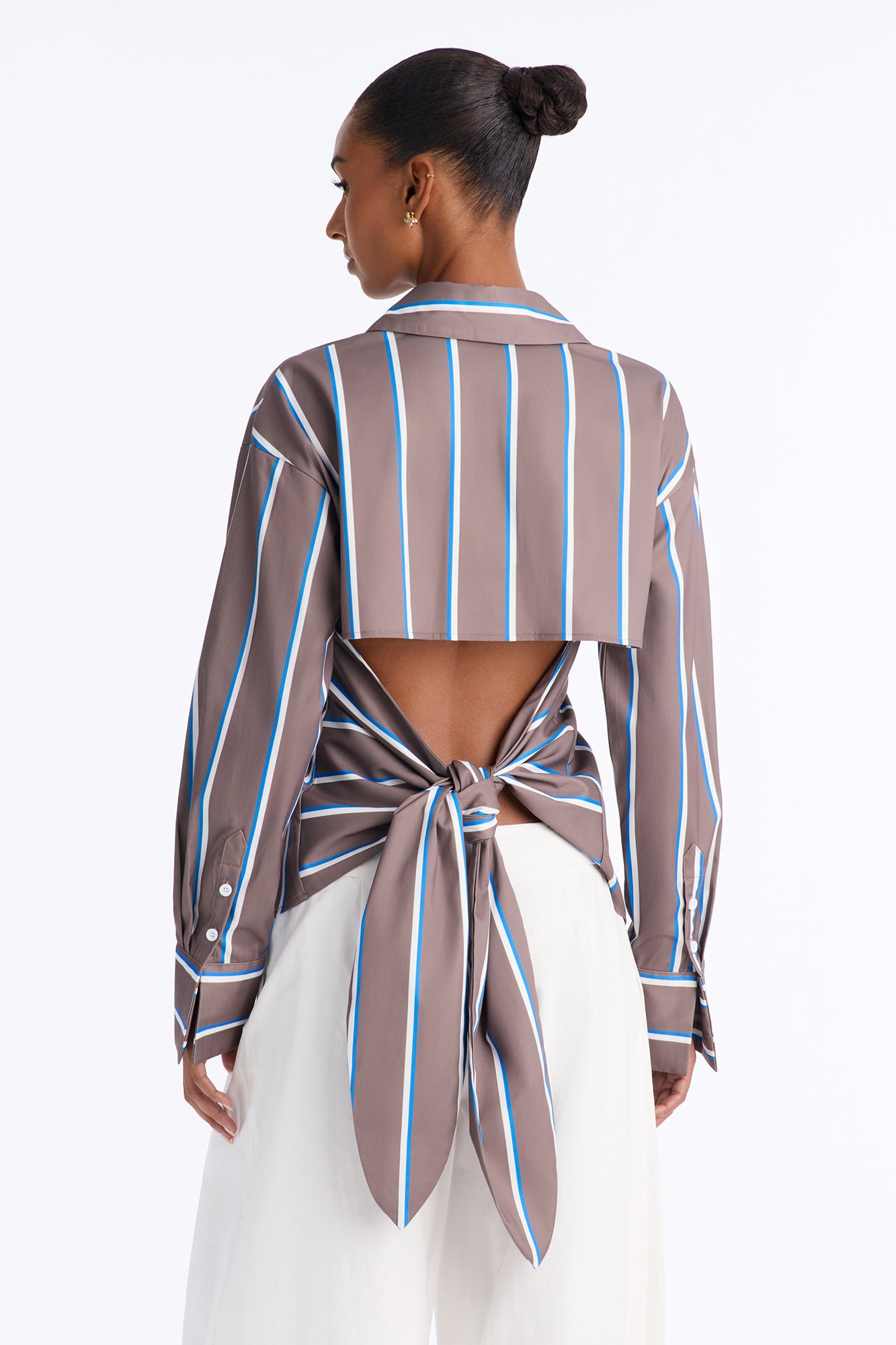 Elevated Fun Tie Back Striped Poplin Shirt - Brown/combo