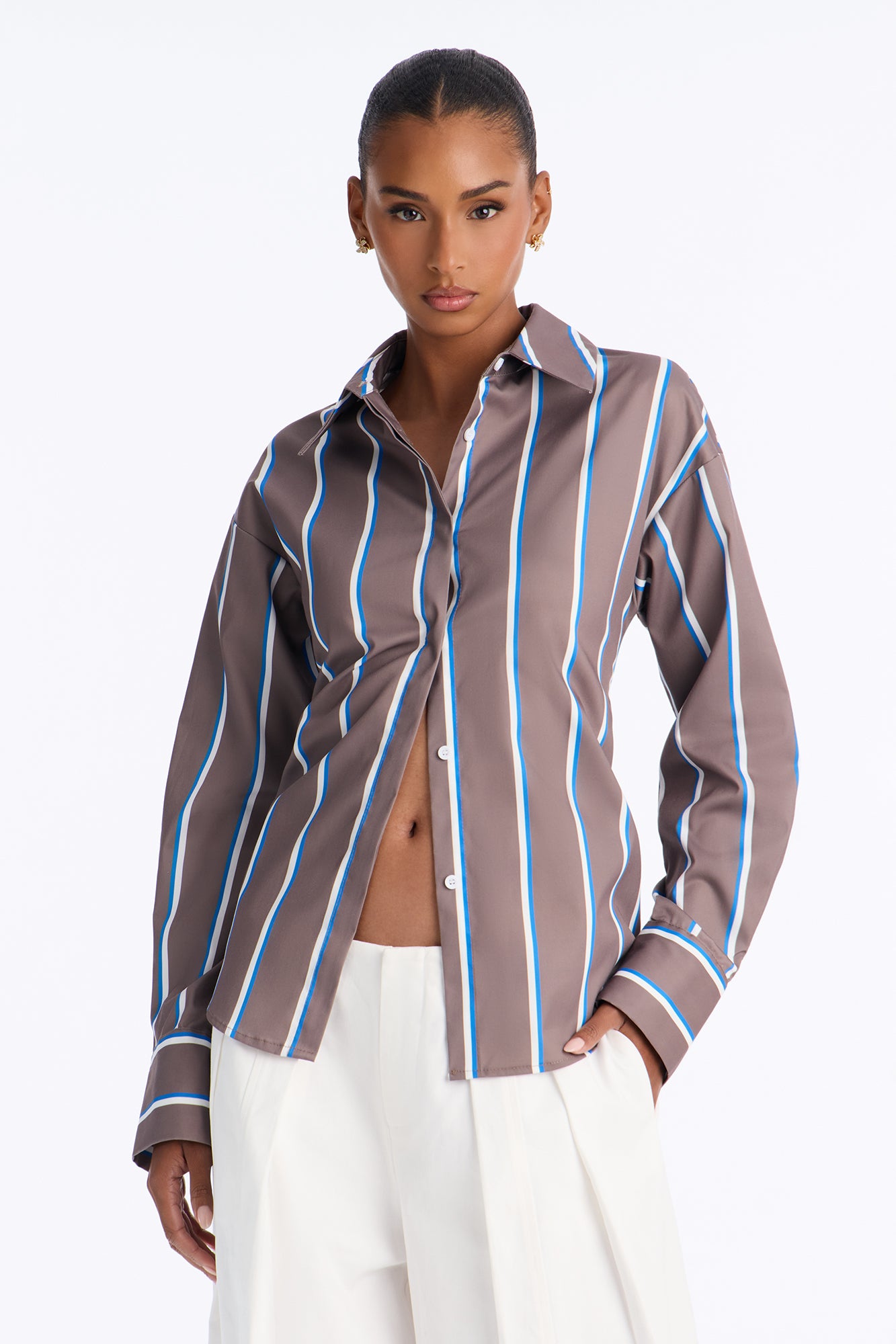 Elevated Fun Tie Back Striped Poplin Shirt - Brown/combo