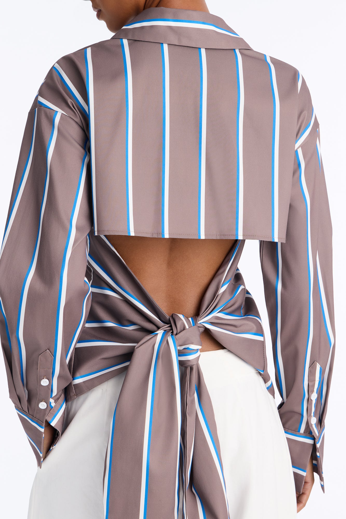 Elevated Fun Tie Back Striped Poplin Shirt - Brown/combo