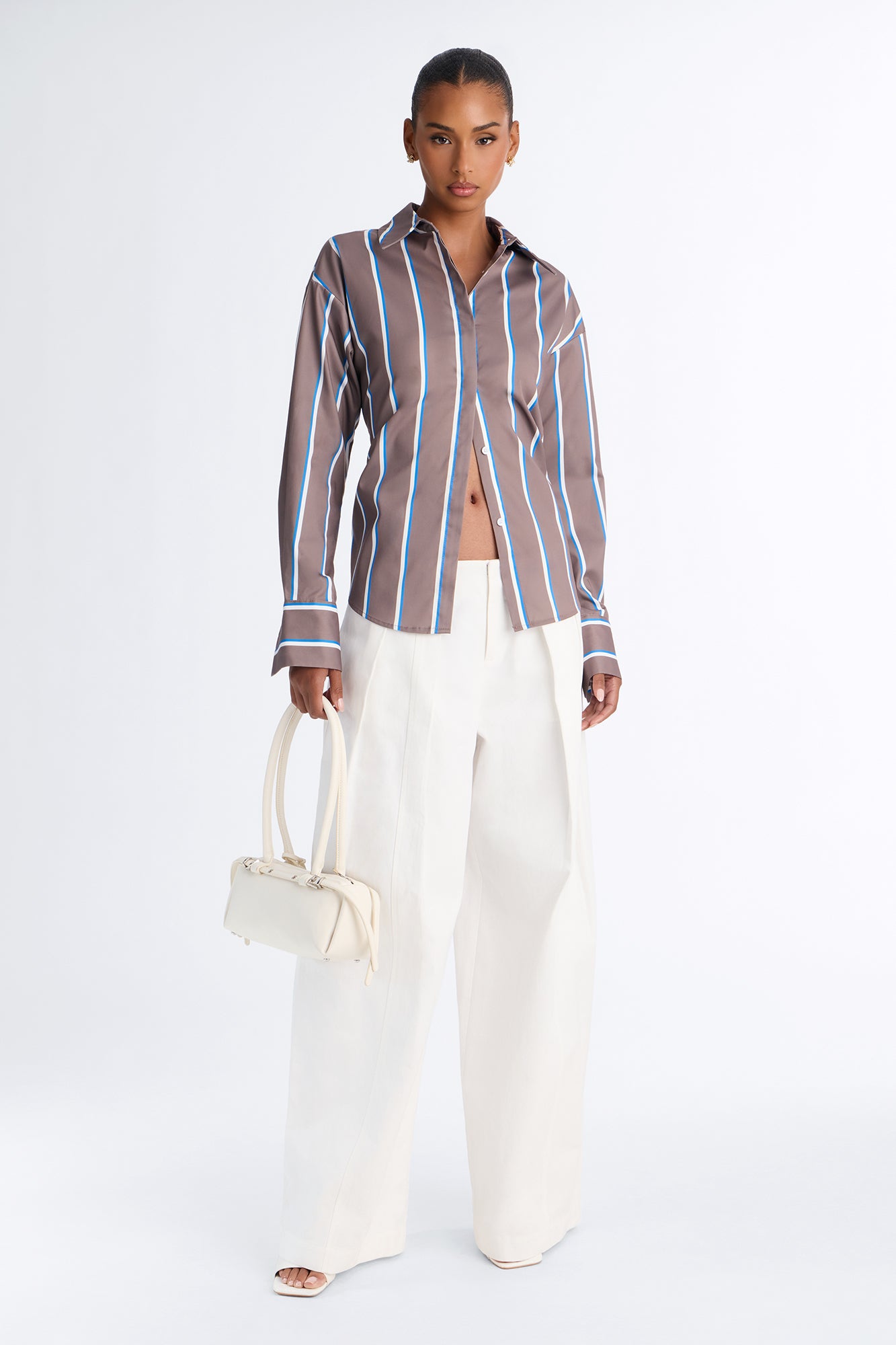 Elevated Fun Tie Back Striped Poplin Shirt - Brown/combo
