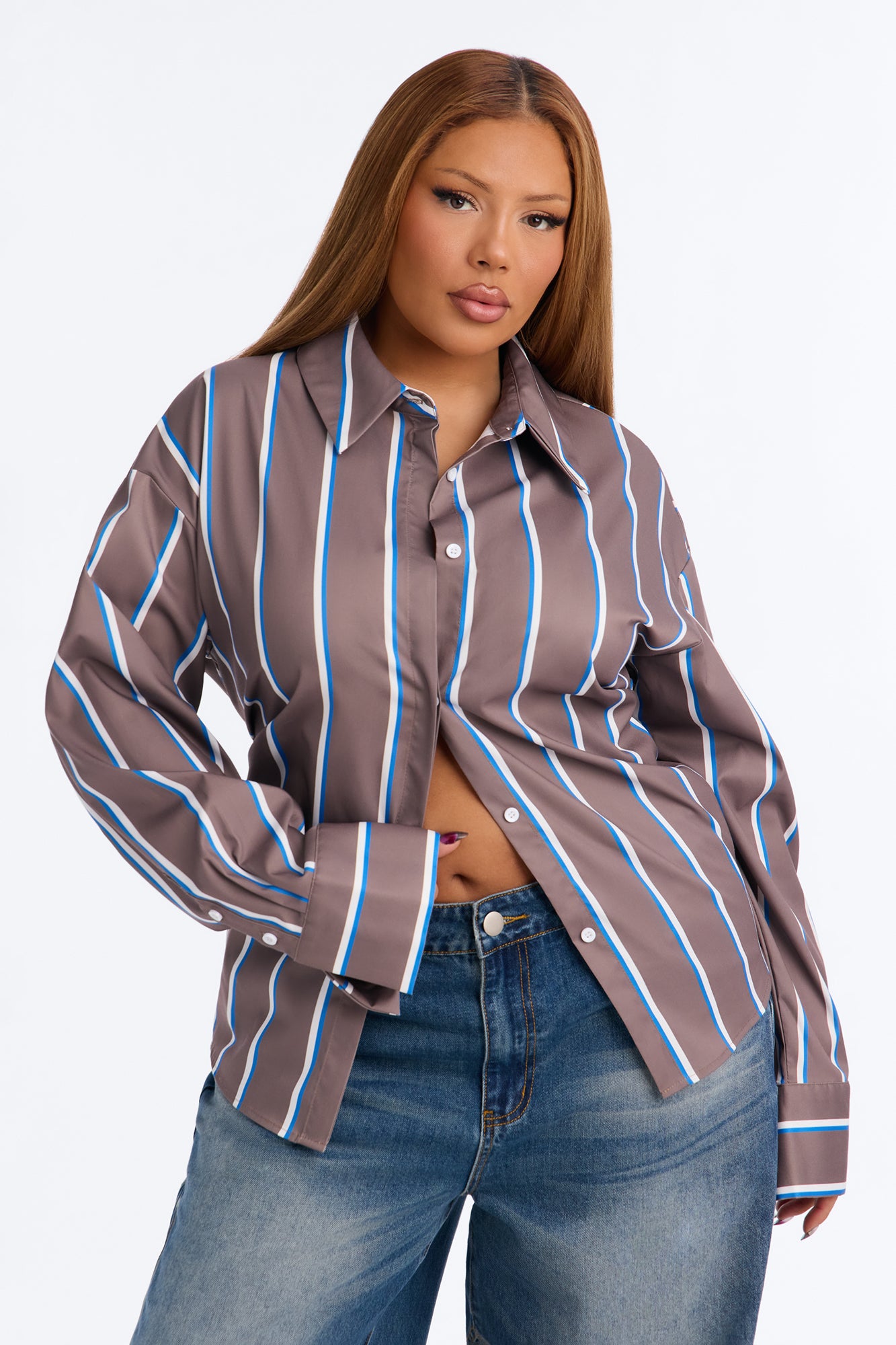 Elevated Fun Tie Back Striped Poplin Shirt - Brown/combo