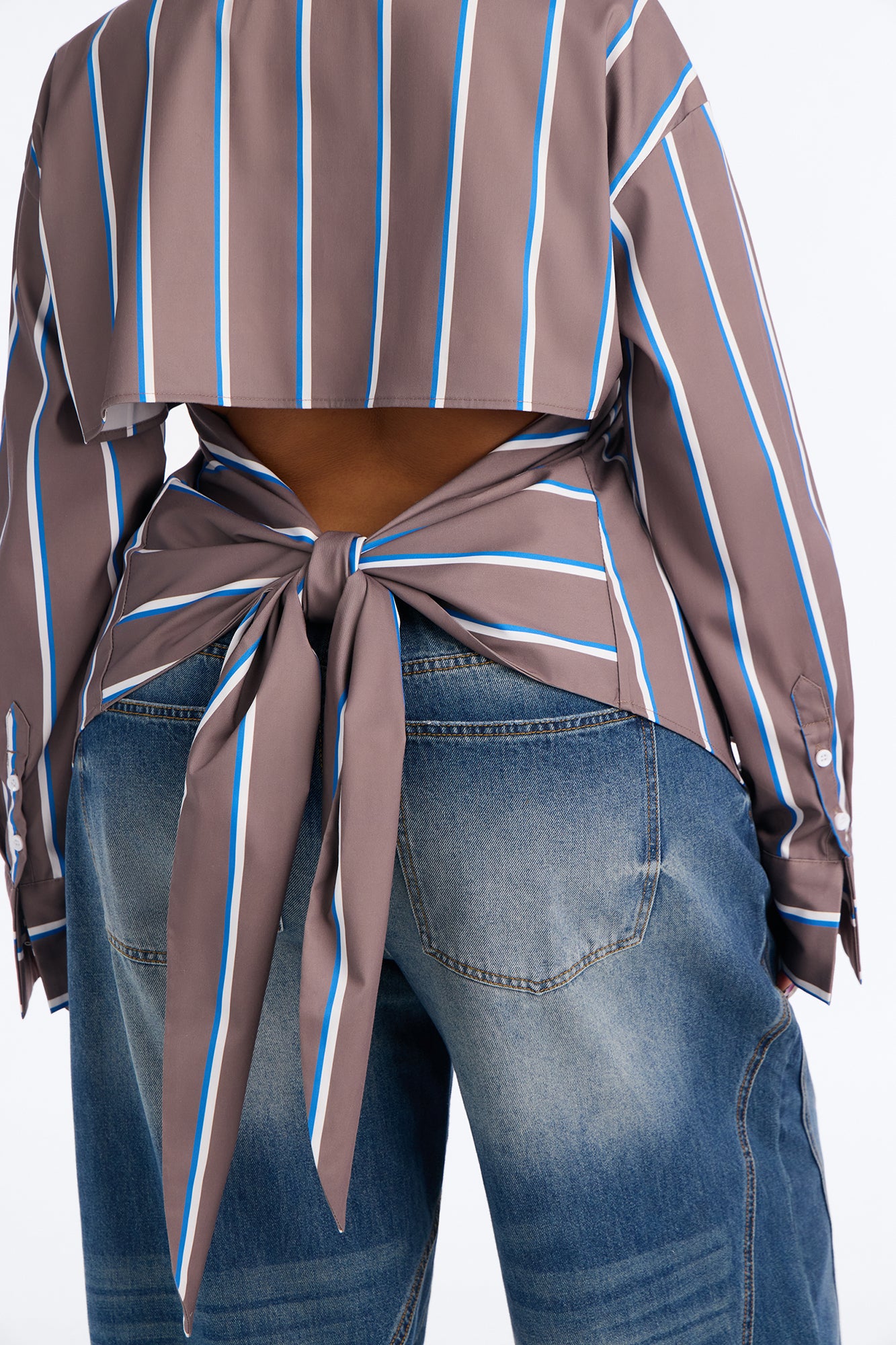 Elevated Fun Tie Back Striped Poplin Shirt - Brown/combo