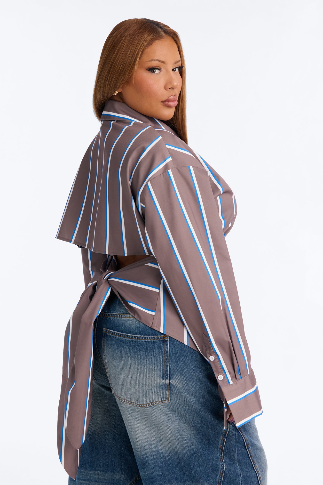 Elevated Fun Tie Back Striped Poplin Shirt - Brown/combo