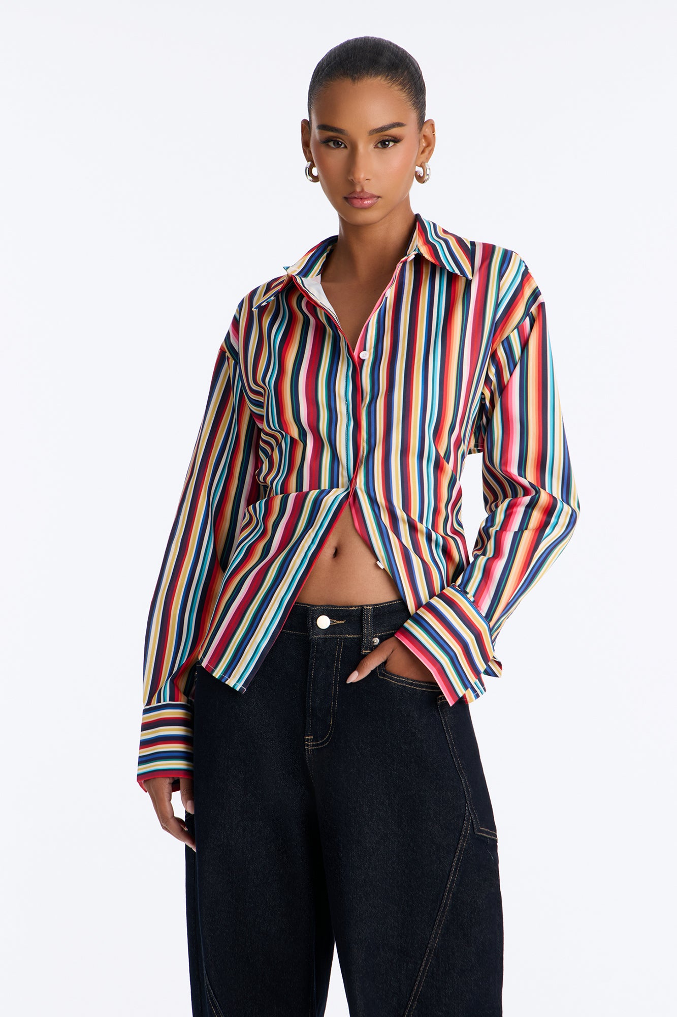 Elevated Fun Tie Back Striped Poplin Shirt - Multi Color
