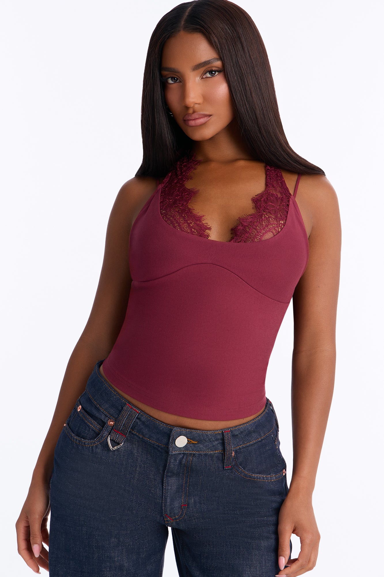 Kaylani Lace Trim Halter Top - Burgundy