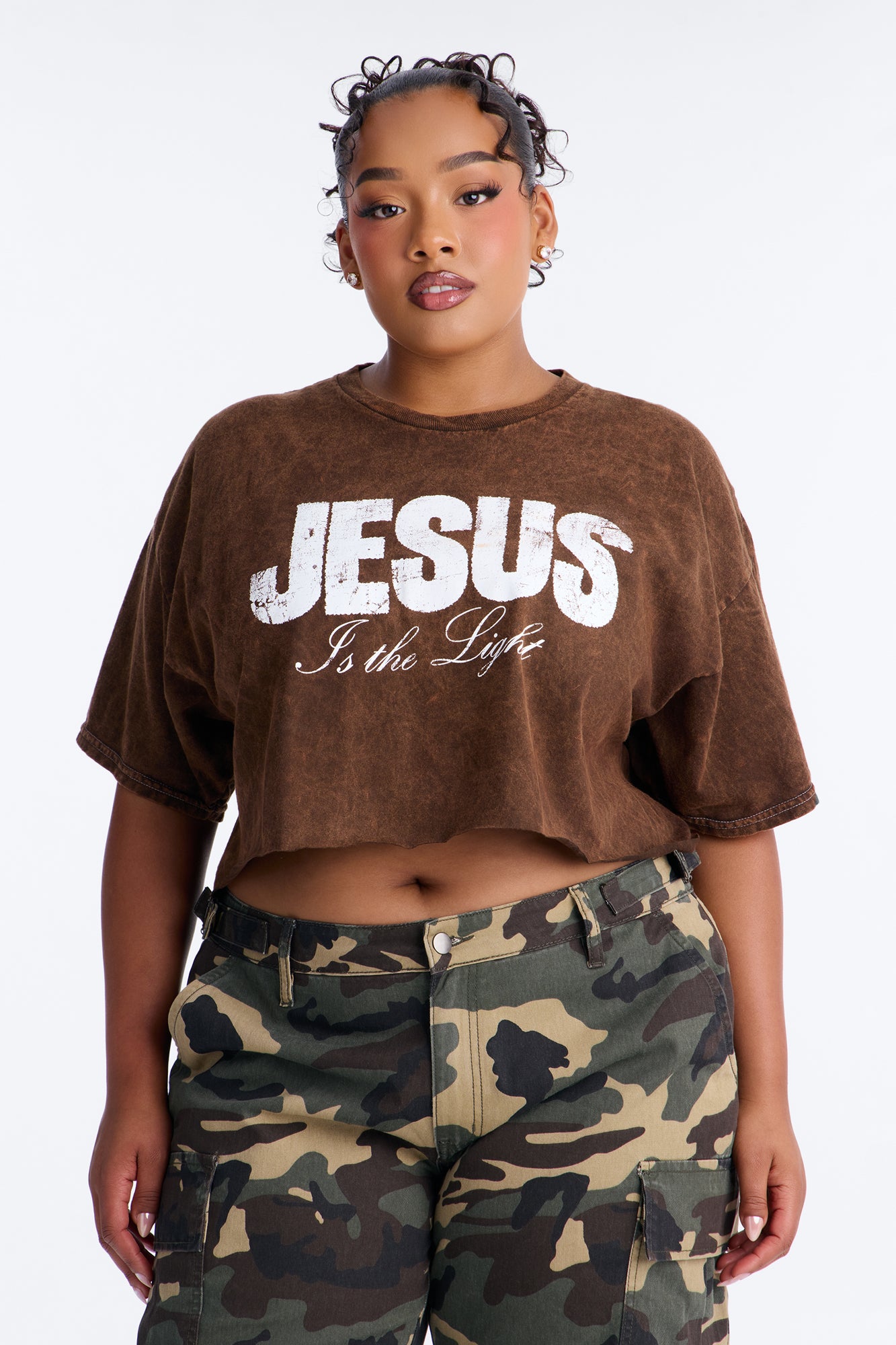 Jesus Is The Light Washed Cropped Tee - Brown
