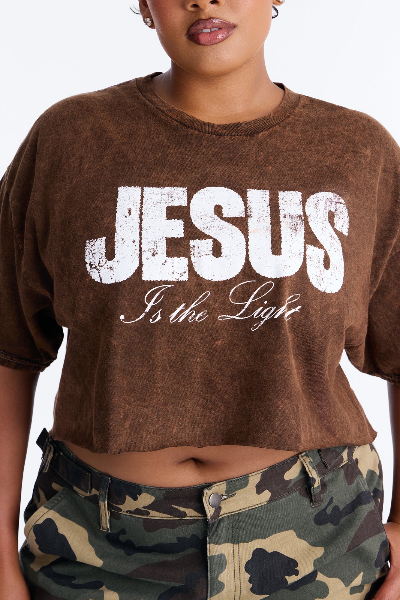 Jesus Is The Light Washed Cropped Tee - Brown